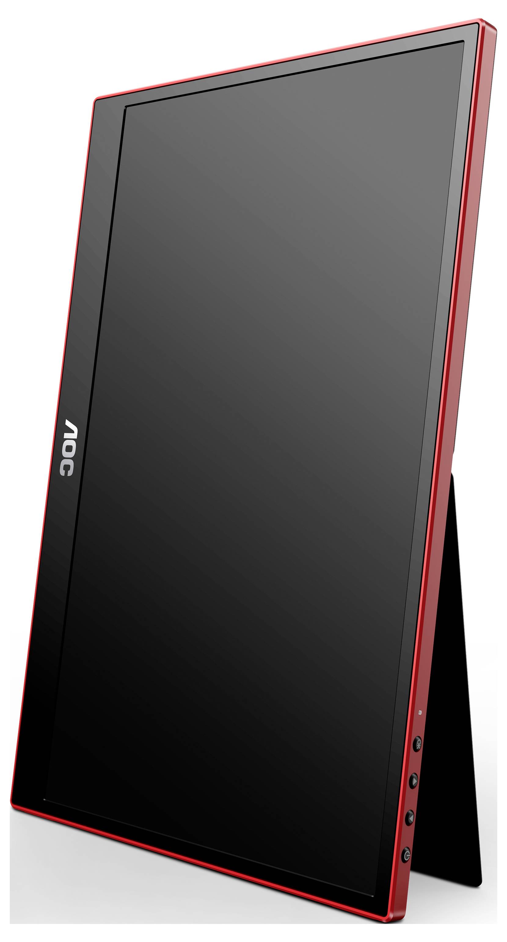Pionowo ustawiony czerwony monitor AOC z czarnym ekranem i widocznymi przyciskami sterowania z boku.