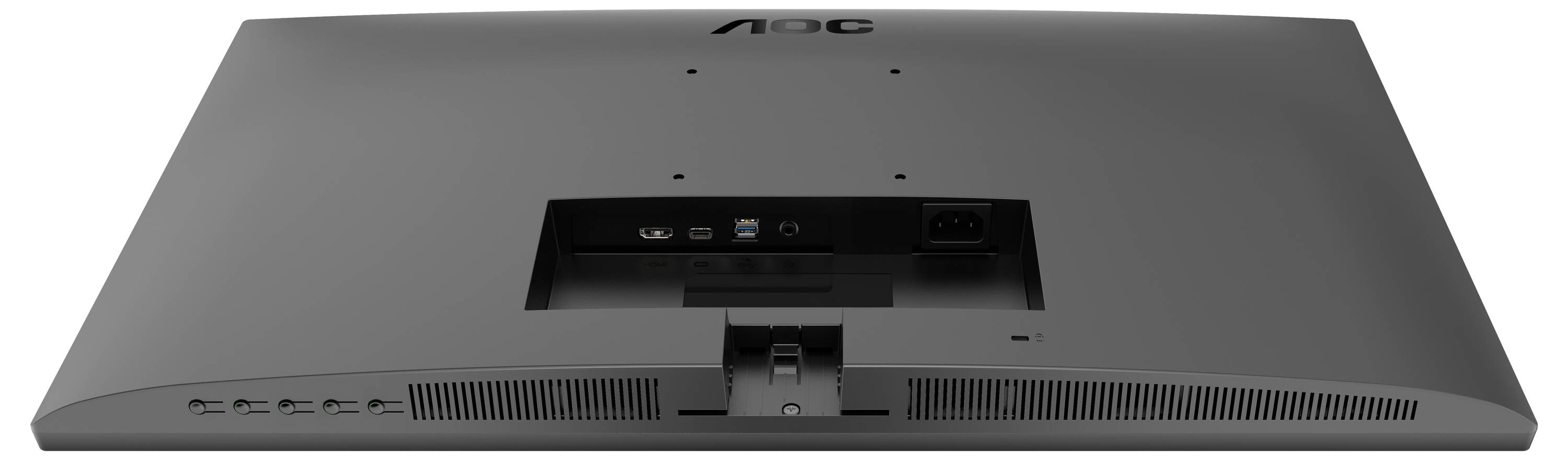 Płaski ekran komputerowy widziany od tyłu, z gniazdami w środku i elementami sterującymi po lewej stronie.