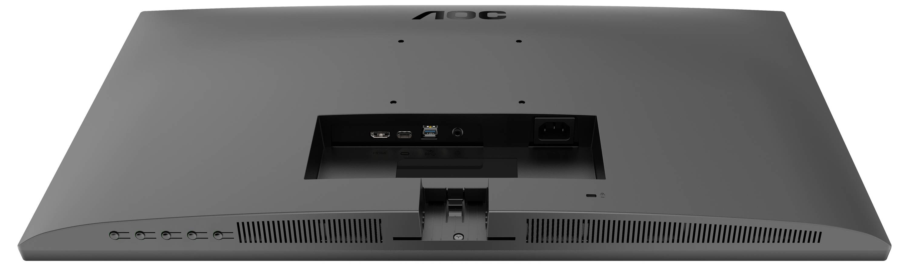Szary monitor komputerowy widziany od tyłu, ukazujący możliwości podłączenia oraz szczeliny wentylacyjne.