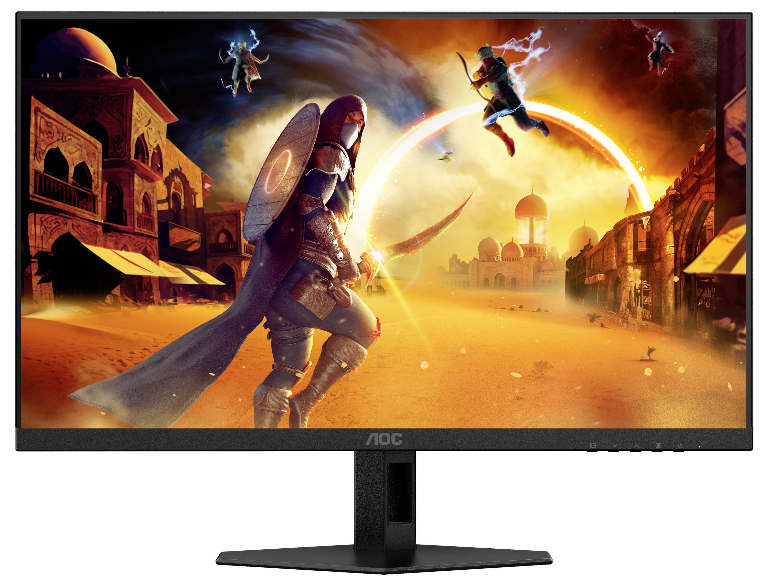 Wojownik w scenerii pustynnego miasta na ekranie komputera. Postacie fantasy walczą pod olśniewającym zachodem słońca.