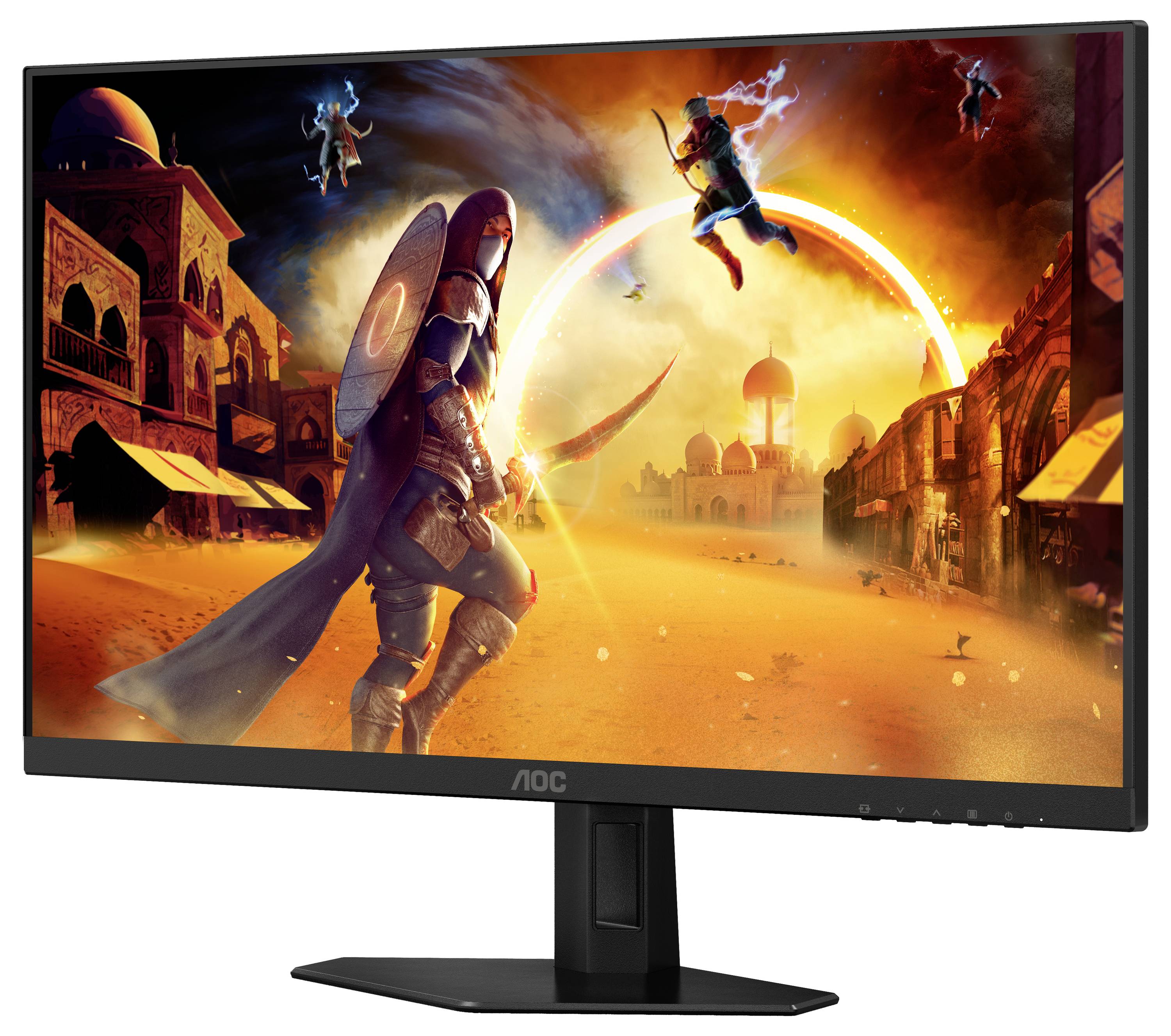 Monitor komputerowy wyświetla kolorową grę science fiction z wojownikiem i fantastycznym stworzeniem na pierwszym planie, a w tle rozciąga się pustynne miasto.