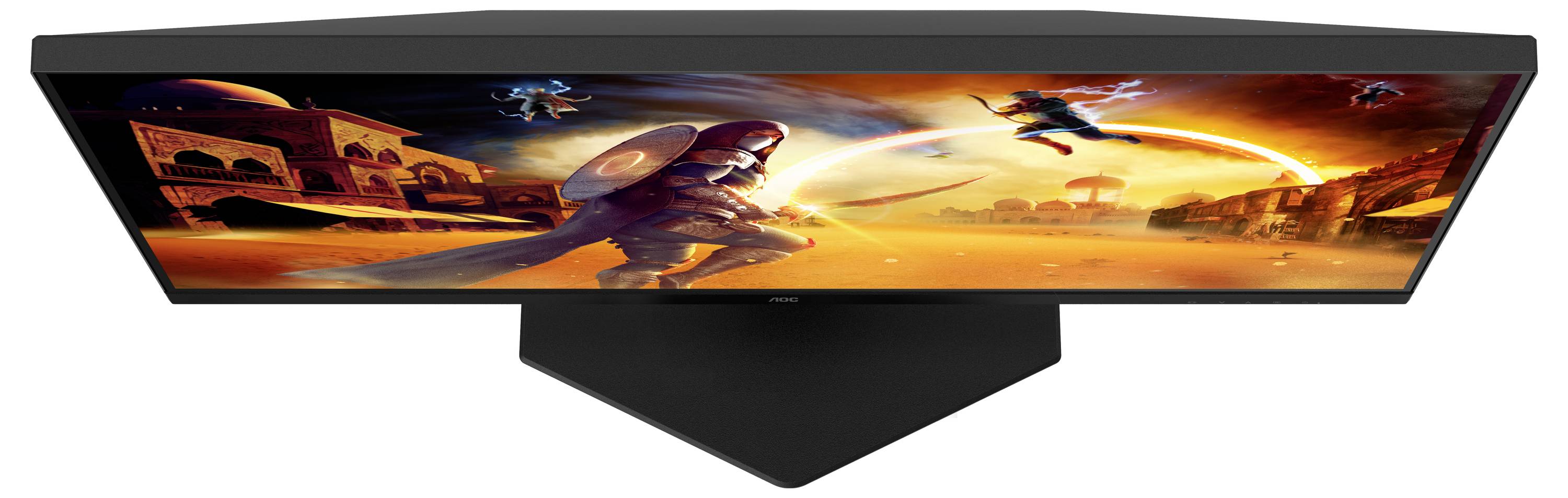 Monitor z jasno świecącym ekranem, na którym widać futurystyczną, pełną wyobraźni panoramę miasta z dwoma walczącymi postaciami.