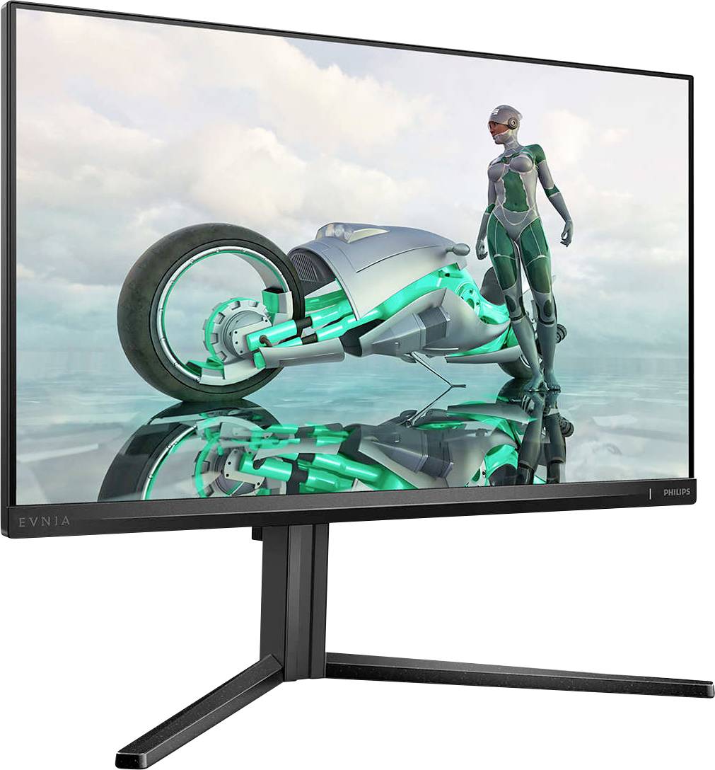 Futurystyczny ekran wyświetla obraz z gatunku science fiction: Postać w zaawansowanej technologicznie zbroi stoi obok świecącego motocykla w refleksyjnej przestrzeni.