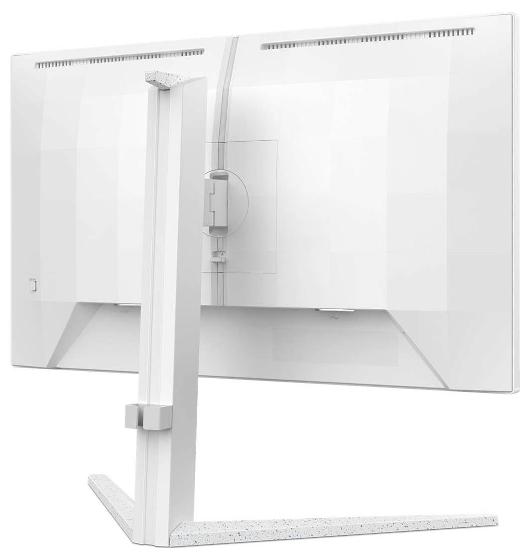 Biały monitor komputerowy o nowoczesnym, minimalistycznym designie, prezentujący tylną część z elegancką, stabilną podstawą wykonaną z tworzywa sztucznego.