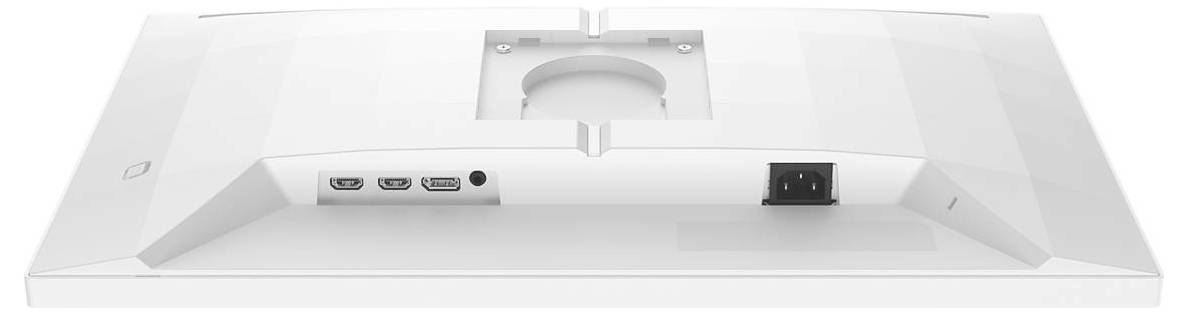 Biała tylna strona monitora z podłączeniami HDMI, DisplayPort oraz zasilaniem.