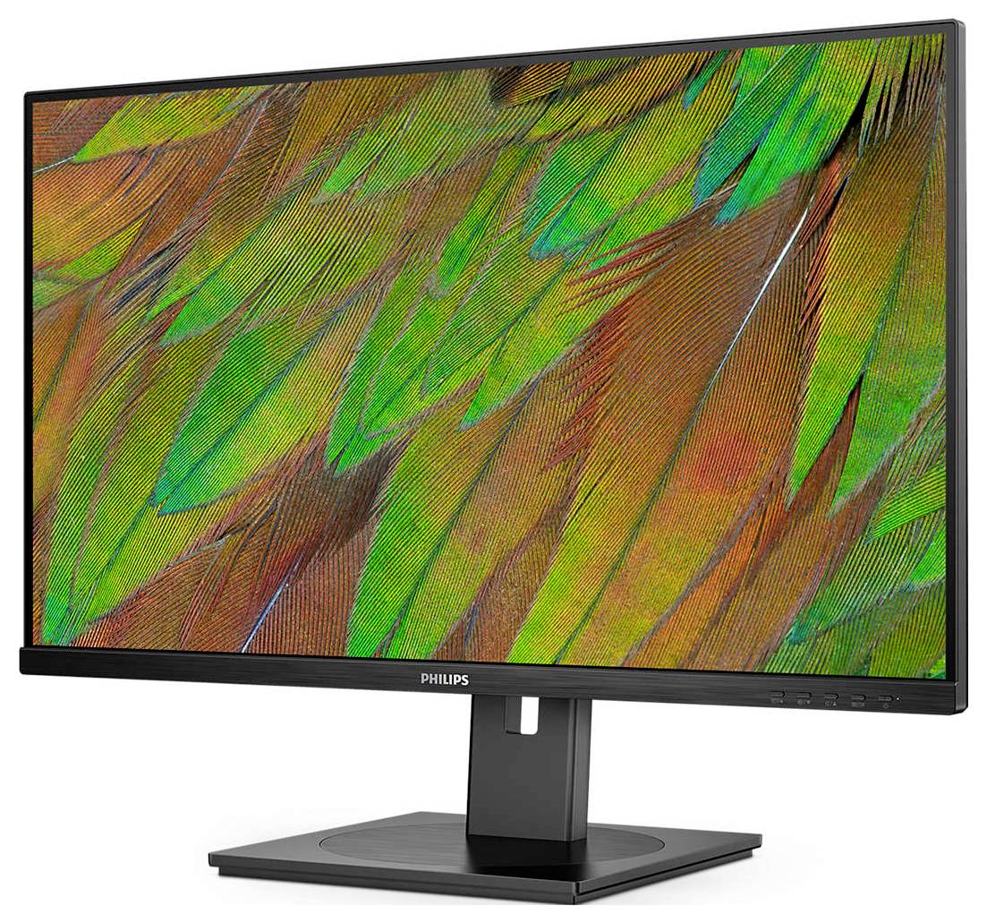 Monitor komputerowy z jasnym, kolorowym obrazem piór na ekranie.