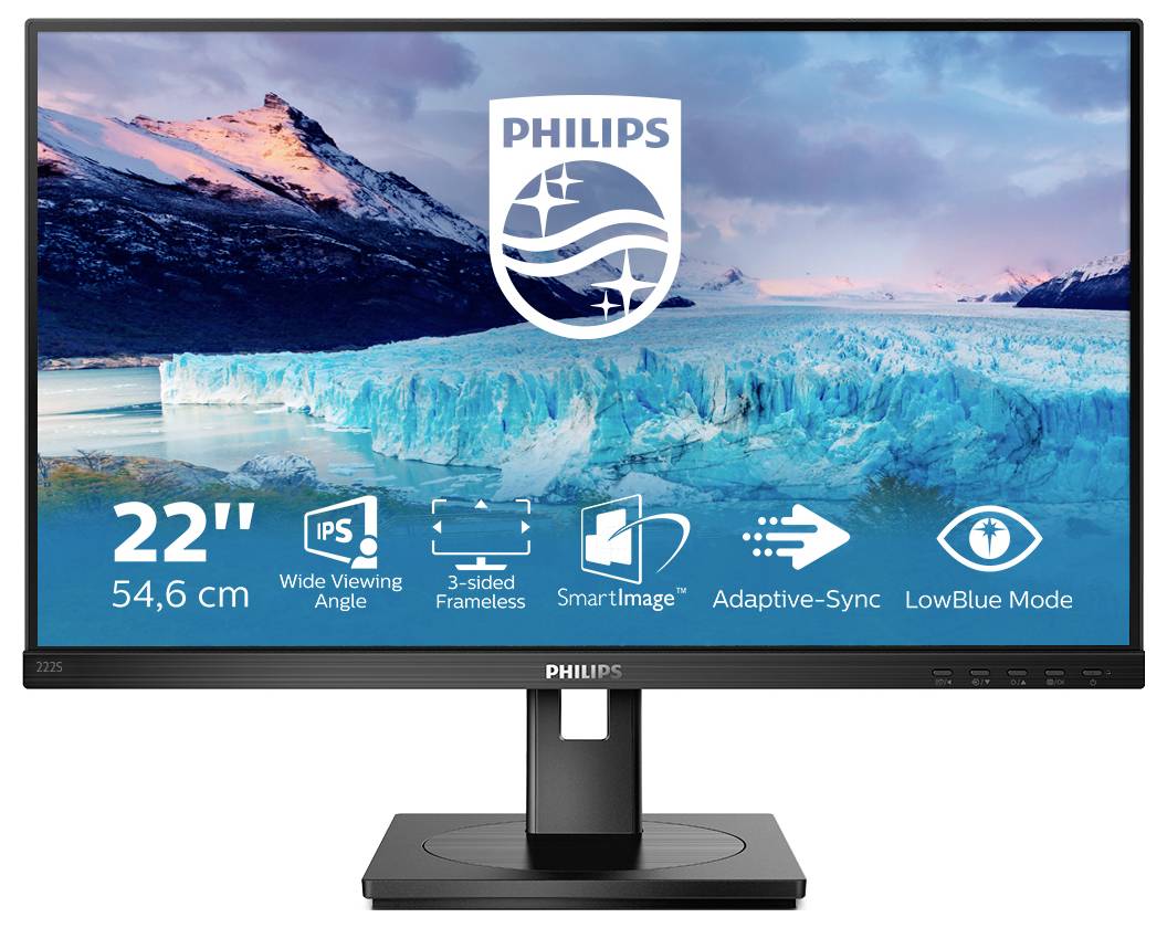 Monitor Philips o przekątnej 22 cali, z technologią IPS oraz funkcjami takimi jak Adaptive-Sync i tryb LowBlue. Na tle widoczny jest krajobraz polarny.
