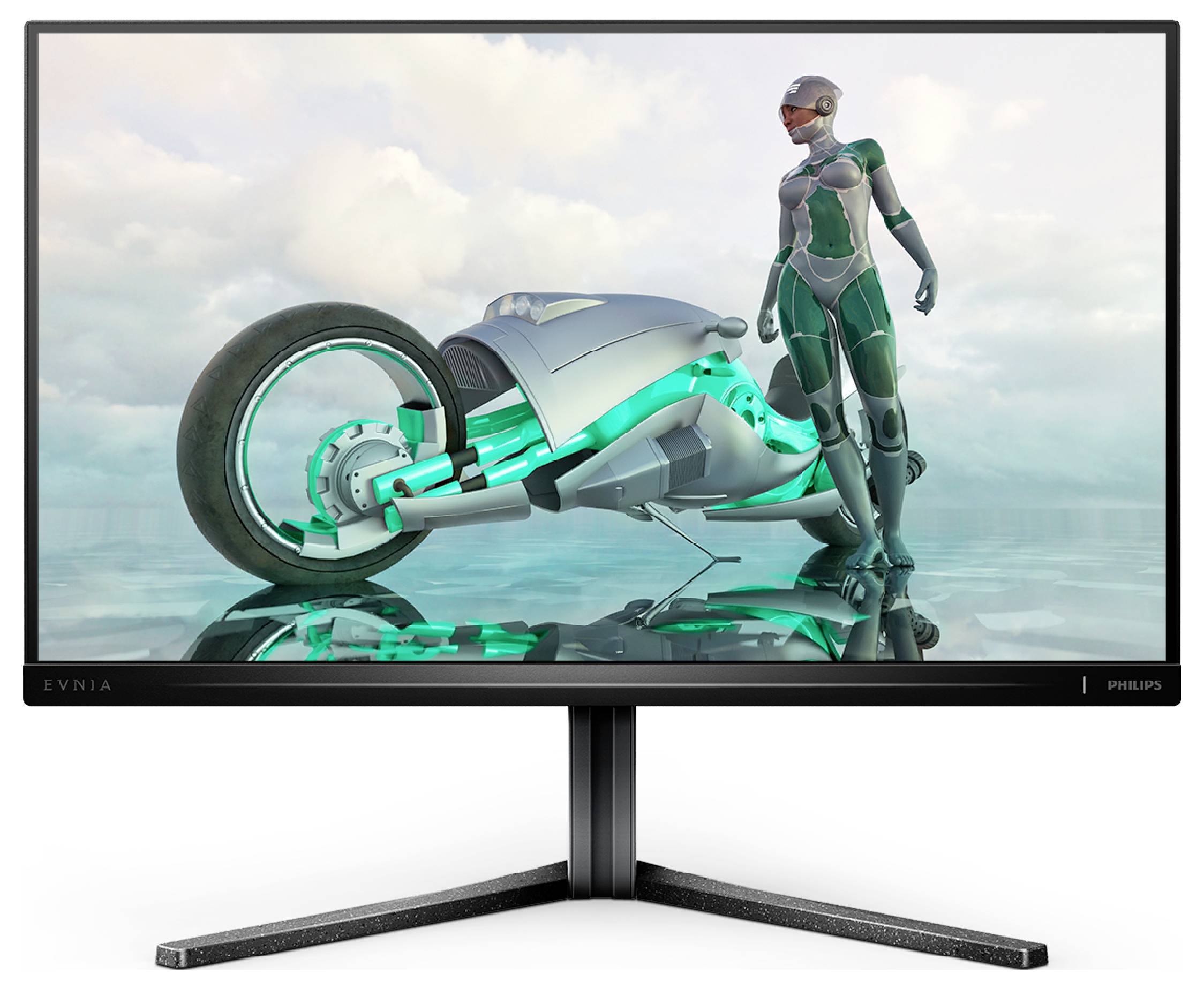 Futurystyczny motocykl z jaskrawo zielonymi akcentami stoi na lustrzanej podłodze. Obok motocykla stoi osoba w stroju ochronnym.