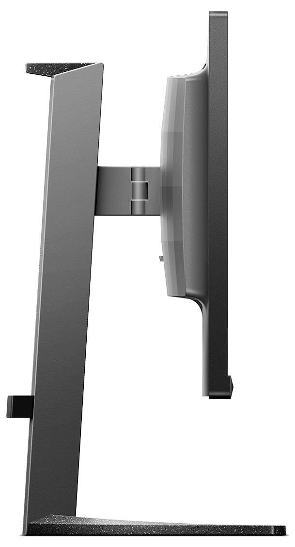 Widok z boku monitora komputerowego na stojaku, skierowanego w prawo. Ekran jest cienki i o nowoczesnym designie.