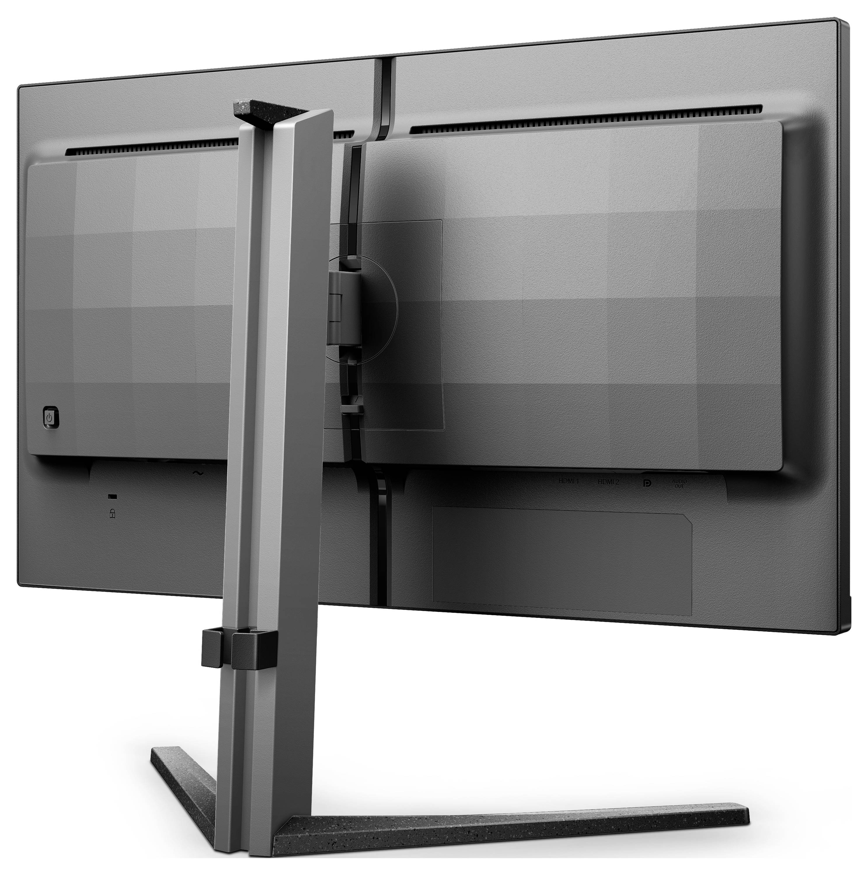 Widok z tyłu nowoczesnego monitora komputerowego na podstawce, którego design charakteryzuje się czystymi liniami i smukłym profilem.