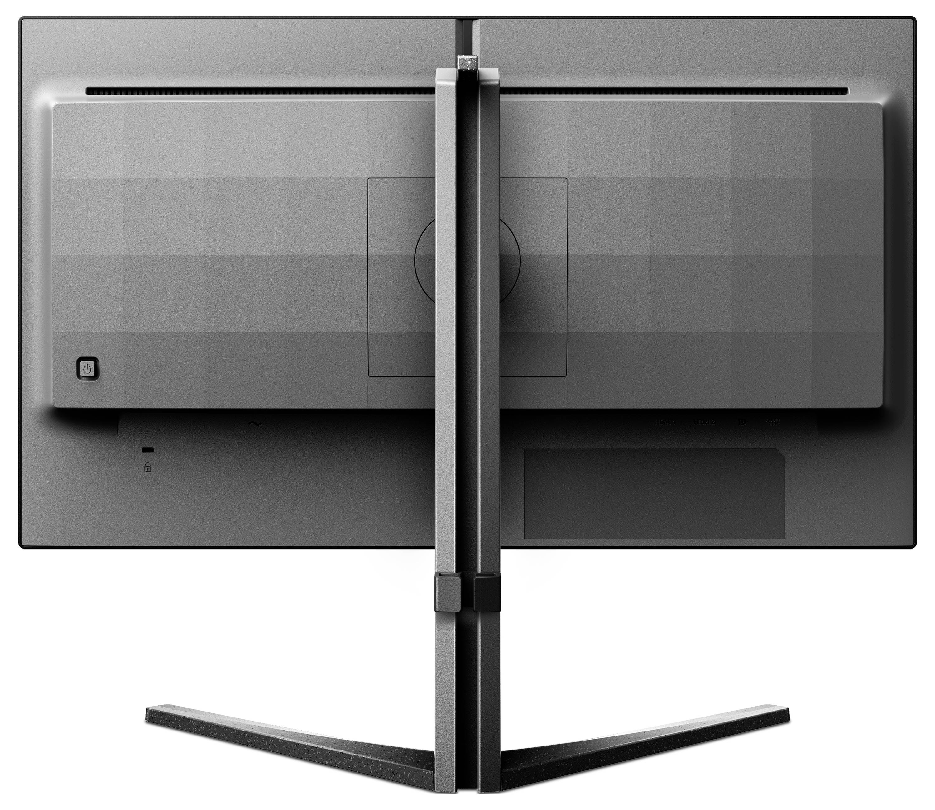 Widok tylny płaskiego monitora o smukłej, minimalistycznej stylistyce, prezentowany na podstawie w kształcie litery V.