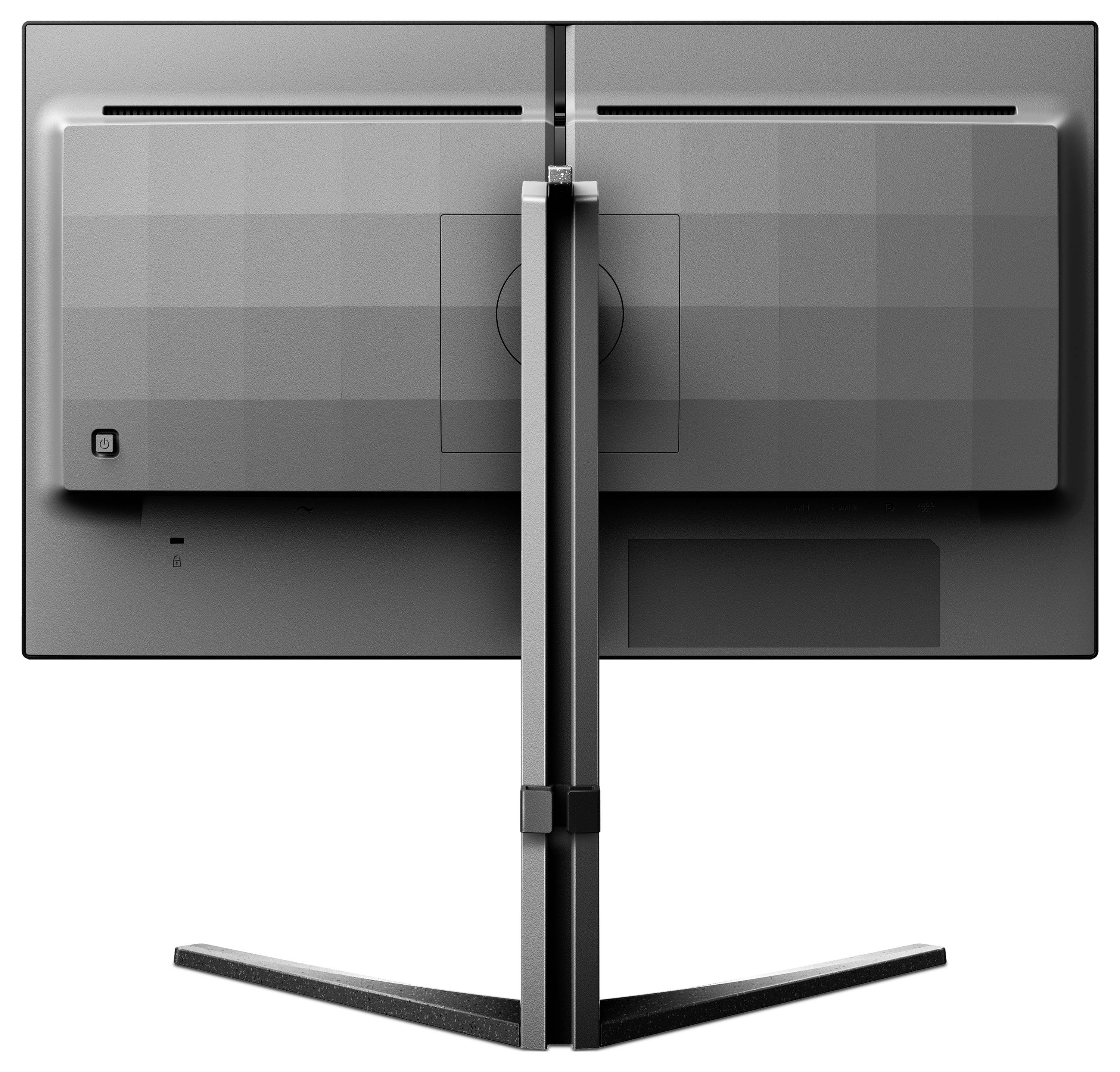 Duży, czarny telewizor płaski widziany od tyłu, zamontowany na stabilnej podstawie, bez widocznych oznaczeń marki lub modelu.