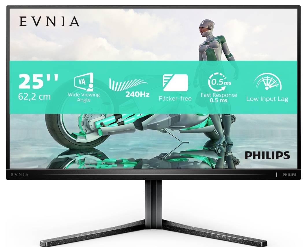 Monitor Philips o przekątnej 25 cali. Główne cechy: szeroki kąt widzenia, 240 Hz, bez migotania, szybki czas reakcji 0,5 ms, niska latencja wejściowa.
