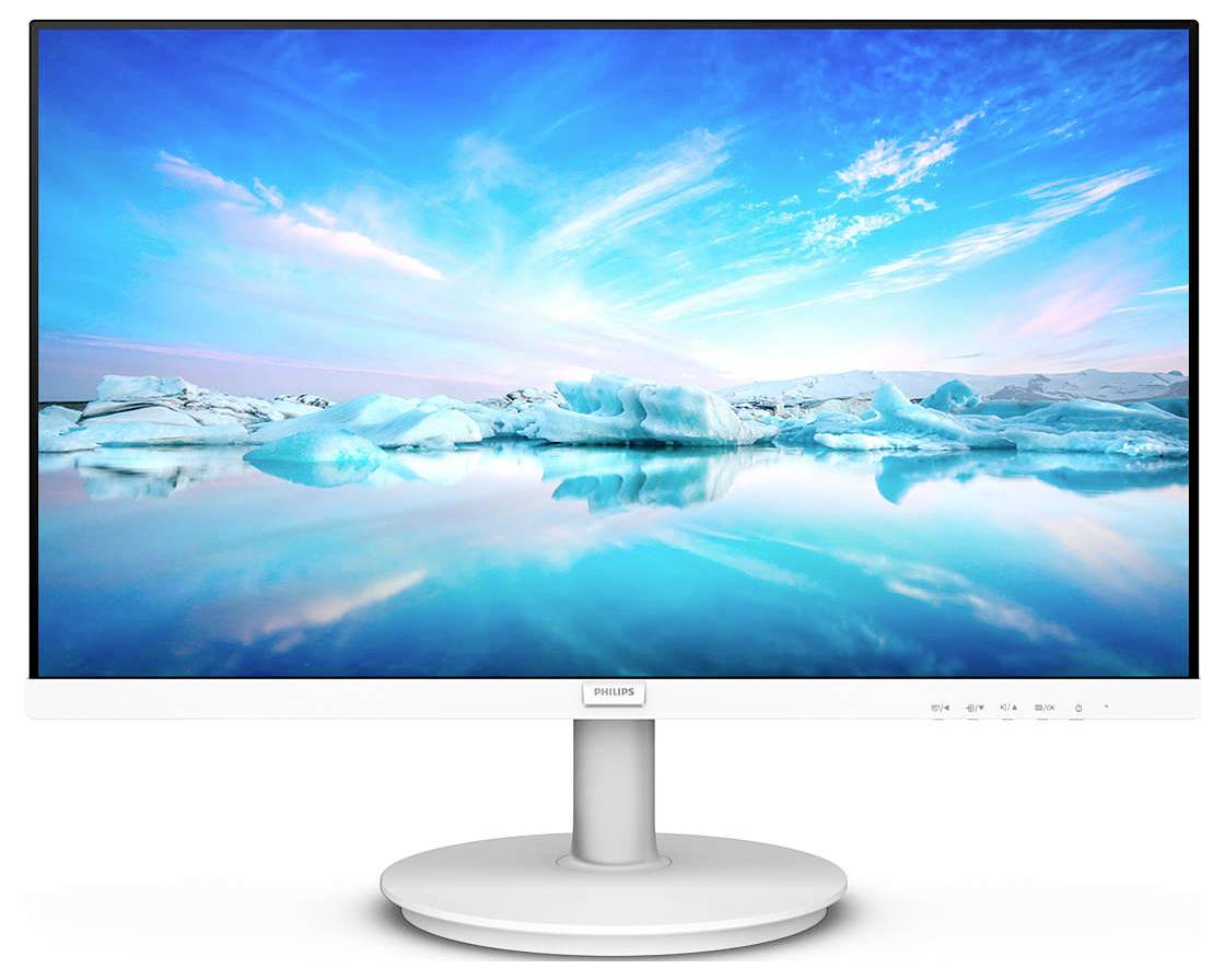 Biały ekran komputera wyświetla zapierającą dech w piersiach krajobraz z błękitnym niebem i ośnieżonymi górami, które odbijają się w wodzie.