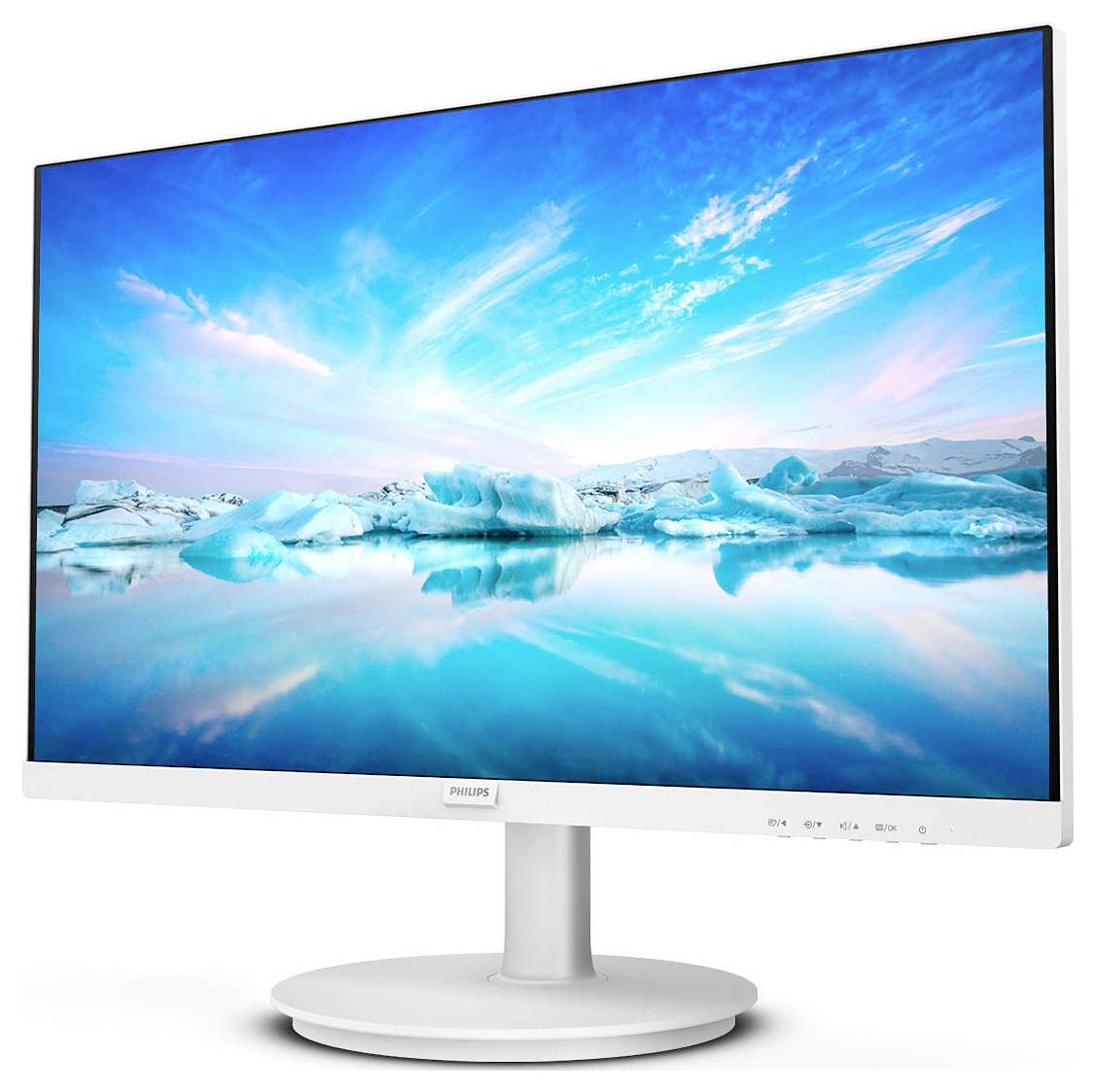 Na ekranie komputera widać spokojny krajobraz z błękitnym niebem i ośnieżonymi górami odbijającymi się w wodzie.