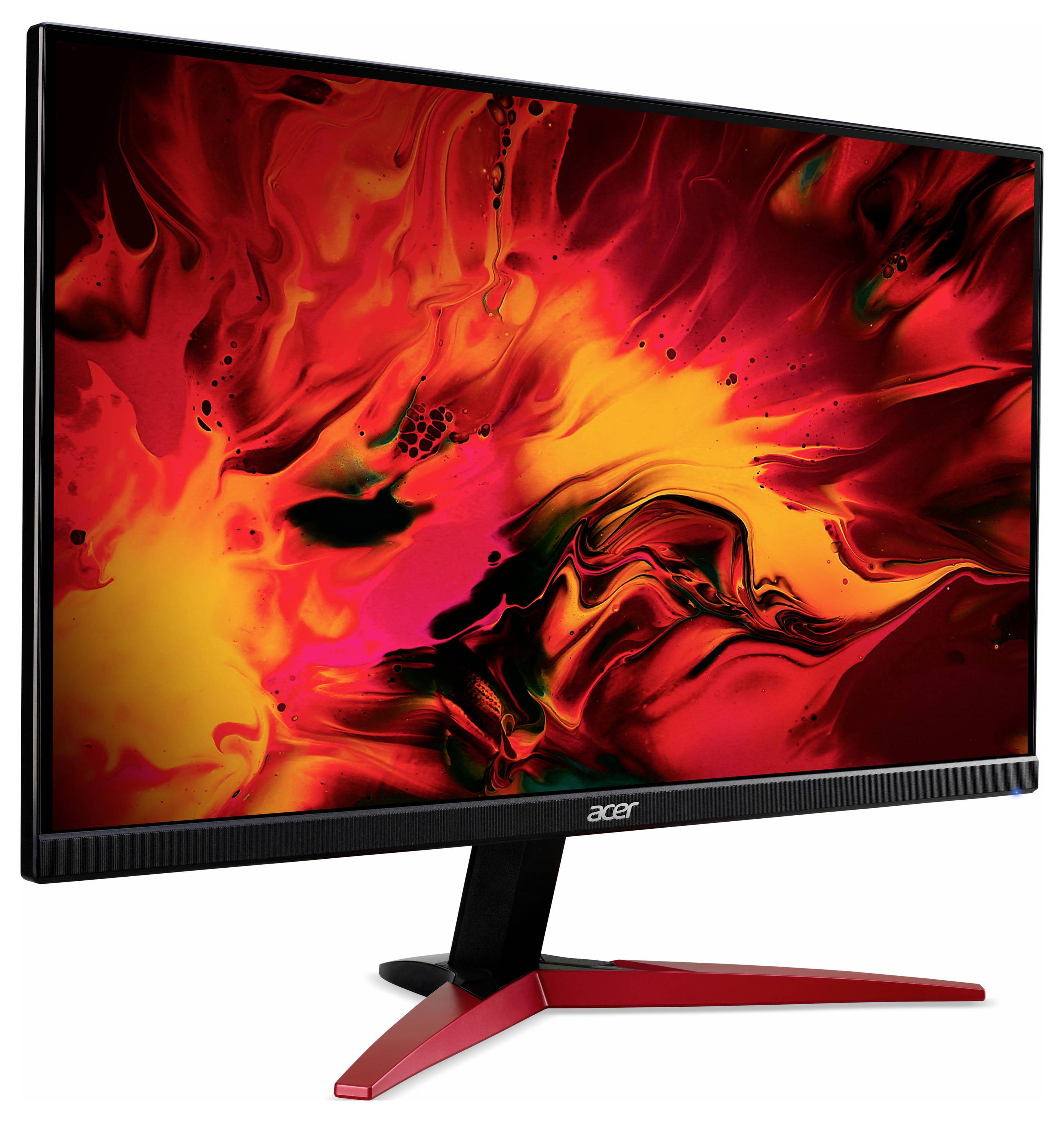 Monitor komputerowy z żywym, abstrakcyjnym tłem w odcieniach czerwieni i żółci, przypominającym płomienie ognia.