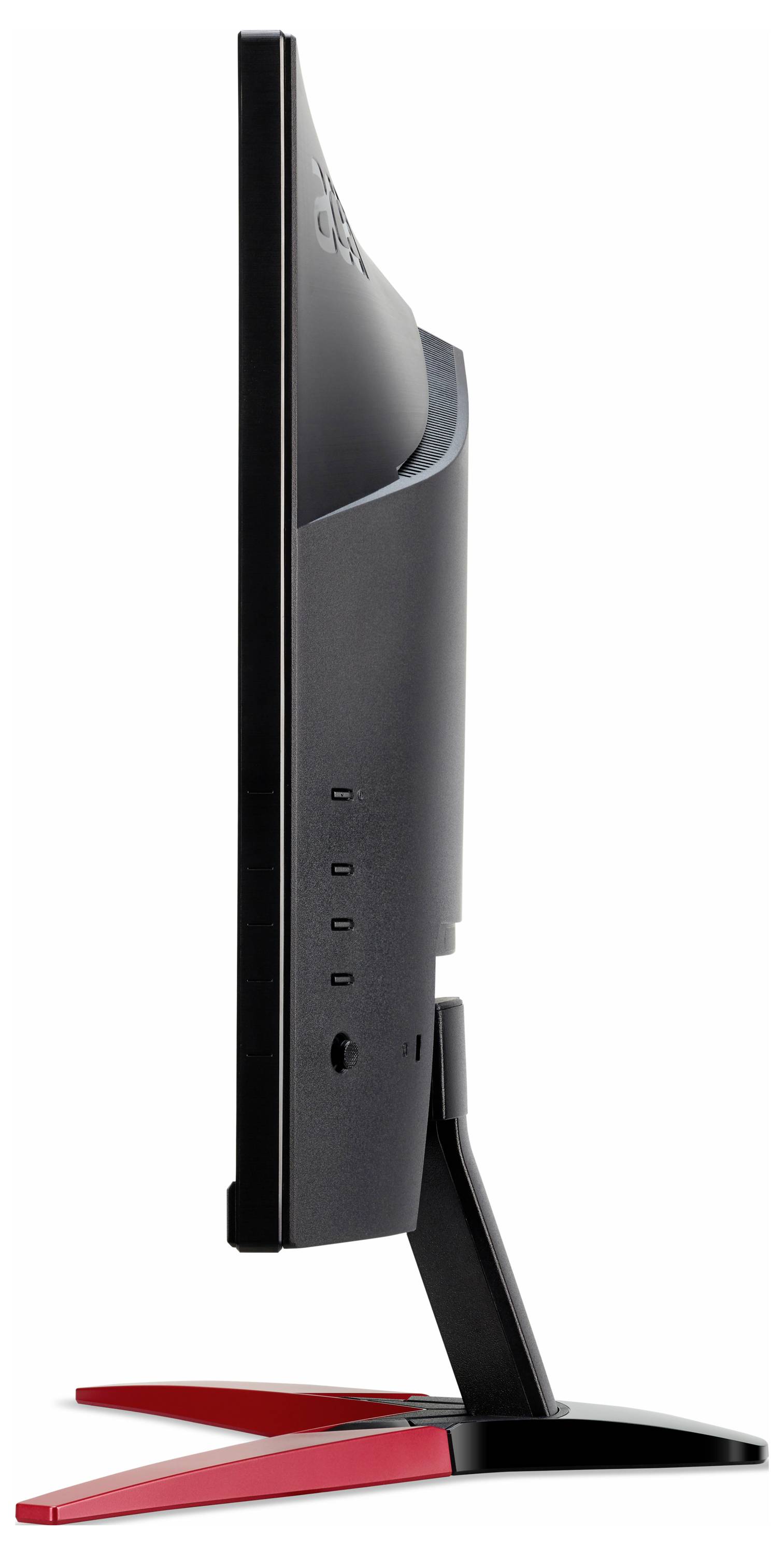 Widok z boku smukłego monitora komputerowego z czarną ramką i czerwoną podstawą.