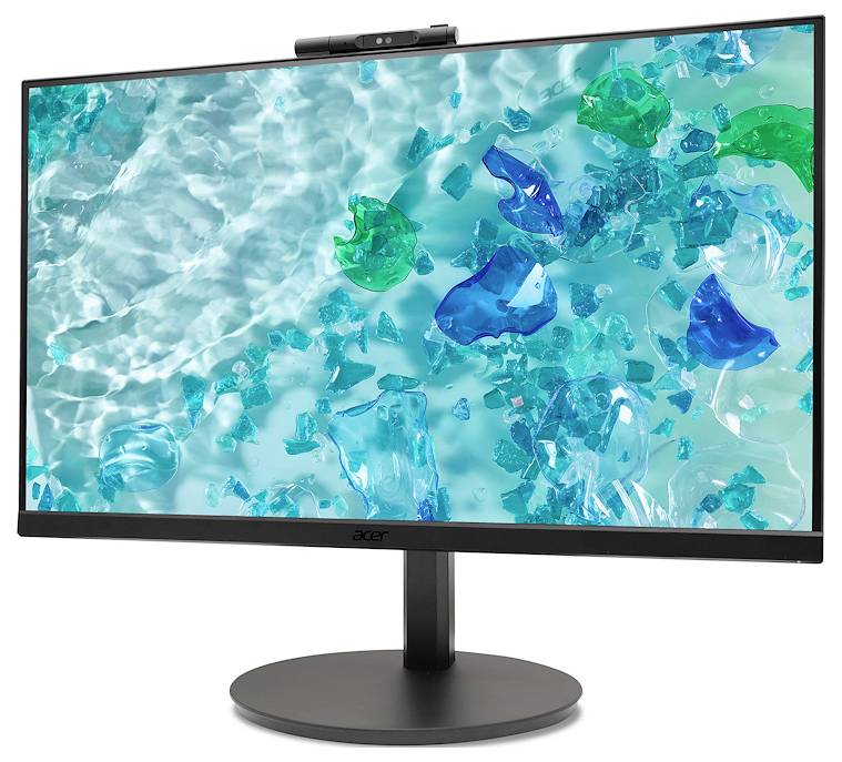 Ekran komputerowy wyświetla abstrakcyjny obraz kolorowych, przezroczystych obiektów w wodzie, przeważnie w odcieniach niebieskiego i zielonego.