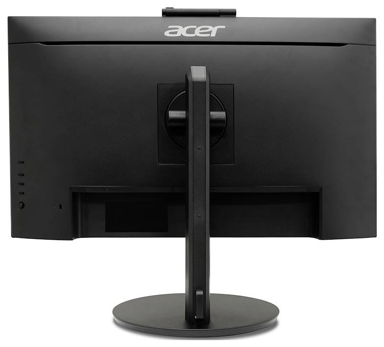 Monitor komputerowy Acer widziany od tyłu, w kolorze czarnym z okrągłą podstawą. Marka 'Acer' jest wydrukowana u góry na tylnej stronie ekranu.