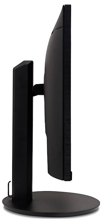 Widok z boku płaskiego, czarnego ekranu komputerowego na okrągłej podstawce. Ekran jest lekko pochylony do tyłu.