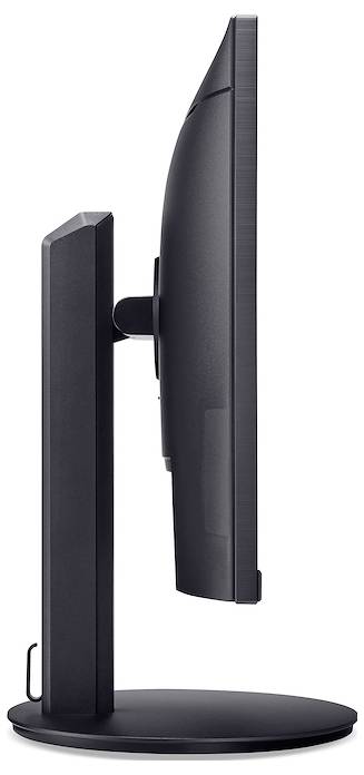 Widok z boku płaskiego monitora komputerowego z wąską czarną ramką i okrągłą podstawą.