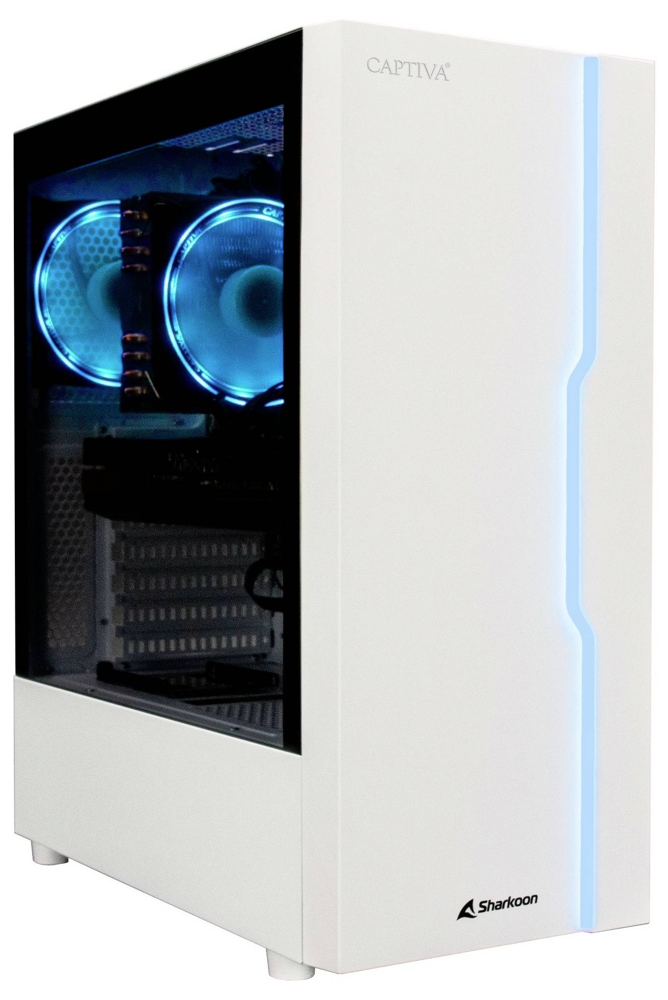 Biały komputer stacjonarny z niebieskim podświetleniem LED oraz widocznymi wentylatorami chłodzącymi przez przezroczyste okno boczne.