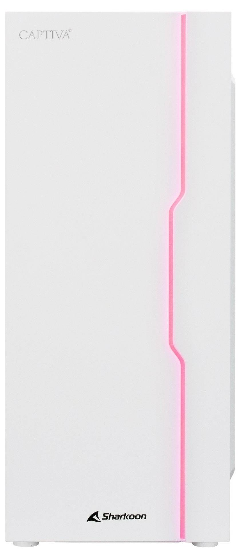 Białe obudowa komputerowa firmy Sharkoon z różowymi paskami LED z przodu; napis 'Captiva' w lewym górnym rogu.