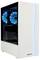 Biały komputer stacjonarny z przezroczystym oknem prezentuje wewnątrz niebiesko podświetlane wentylatory. Na przedniej ściance znajduje się pionowy, niebieski pasek świetlny.