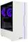Biały komputer stacjonarny Tower z przezroczystą boczną ścianką, która pozwala zajrzeć do środka i zobaczyć fioletowo podświetlane wentylatory.