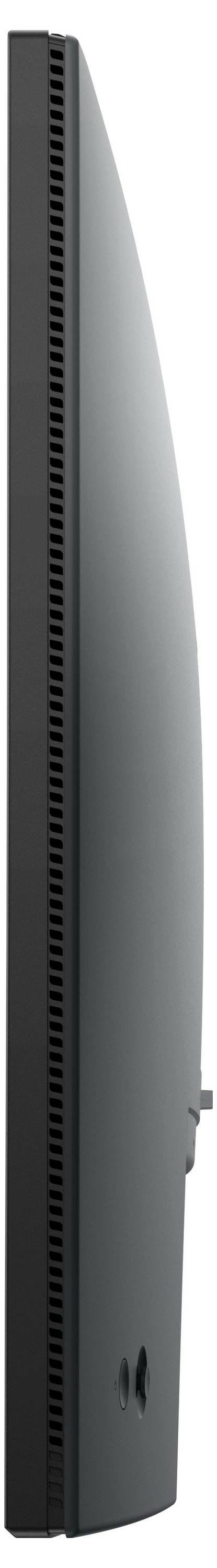 Widok z boku smukłego monitora LED z zakrzywionym ekranem, w ciemnoszarym kolorze, bez widocznych oznaczeń marki lub modelu.