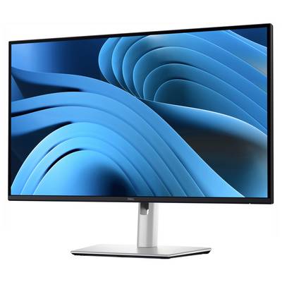 Monitor z abstrakcyjnym niebieskim tłem ekranu. Wyświetlacz posiada wąskie ramki i jest osadzony na srebrnej podstawce.