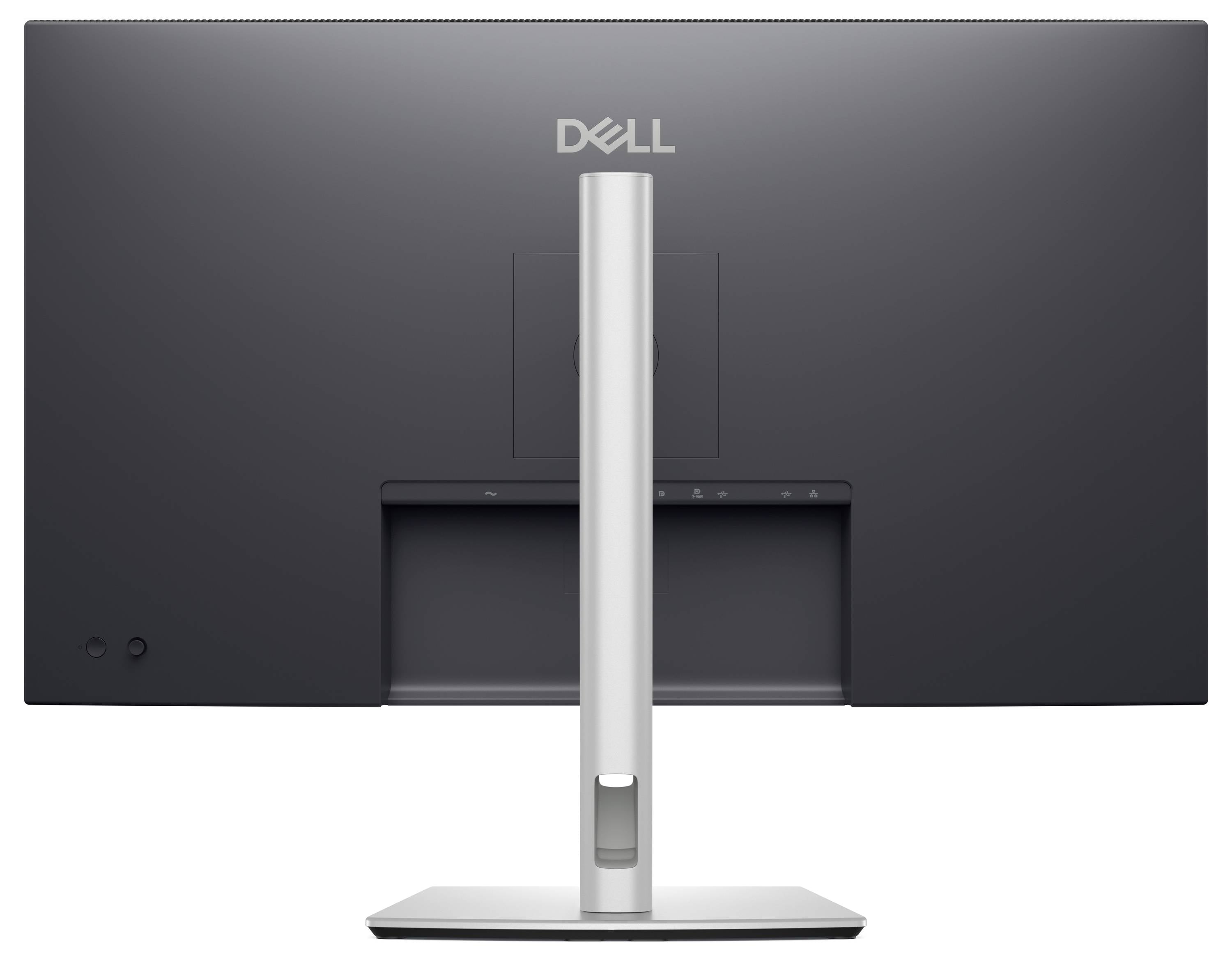 Widok z tyłu monitora Dell z srebrnym wspornikiem.