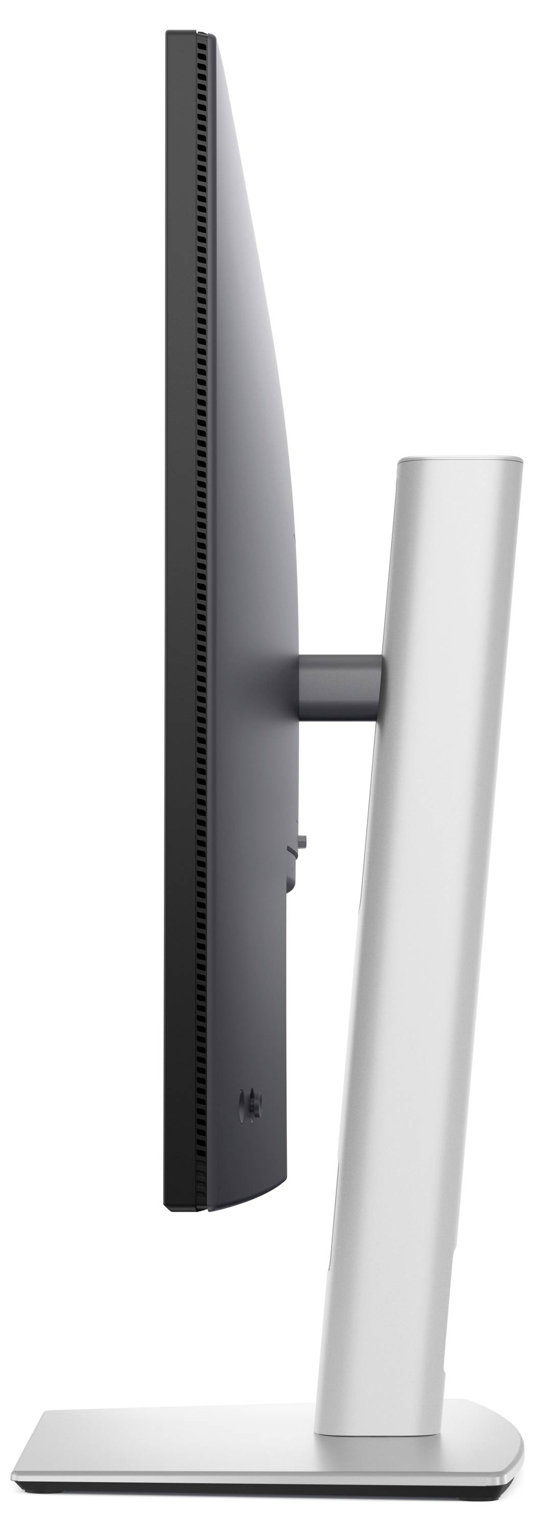 Płaski monitor w widoku z boku, ukazujący smukły profil i prosty, elegancki podstawek.