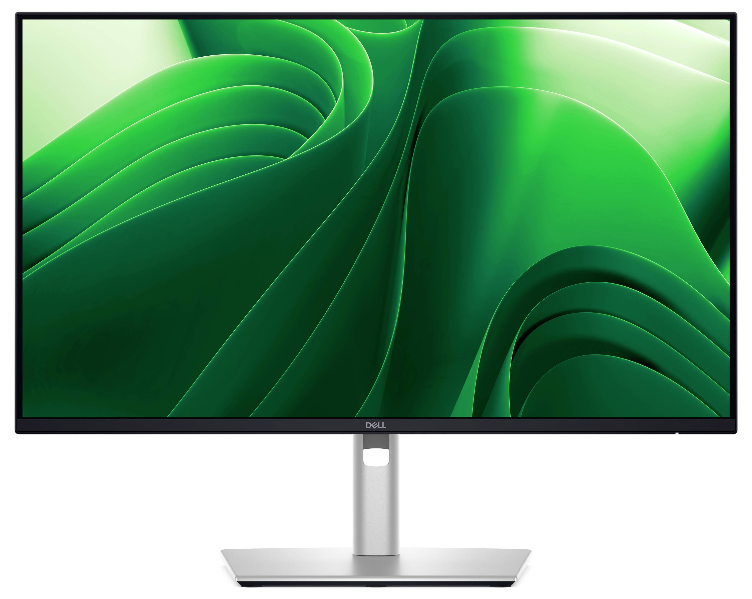 Duży monitor komputerowy z zielonym, abstrakcyjnym wzorem na ekranie.