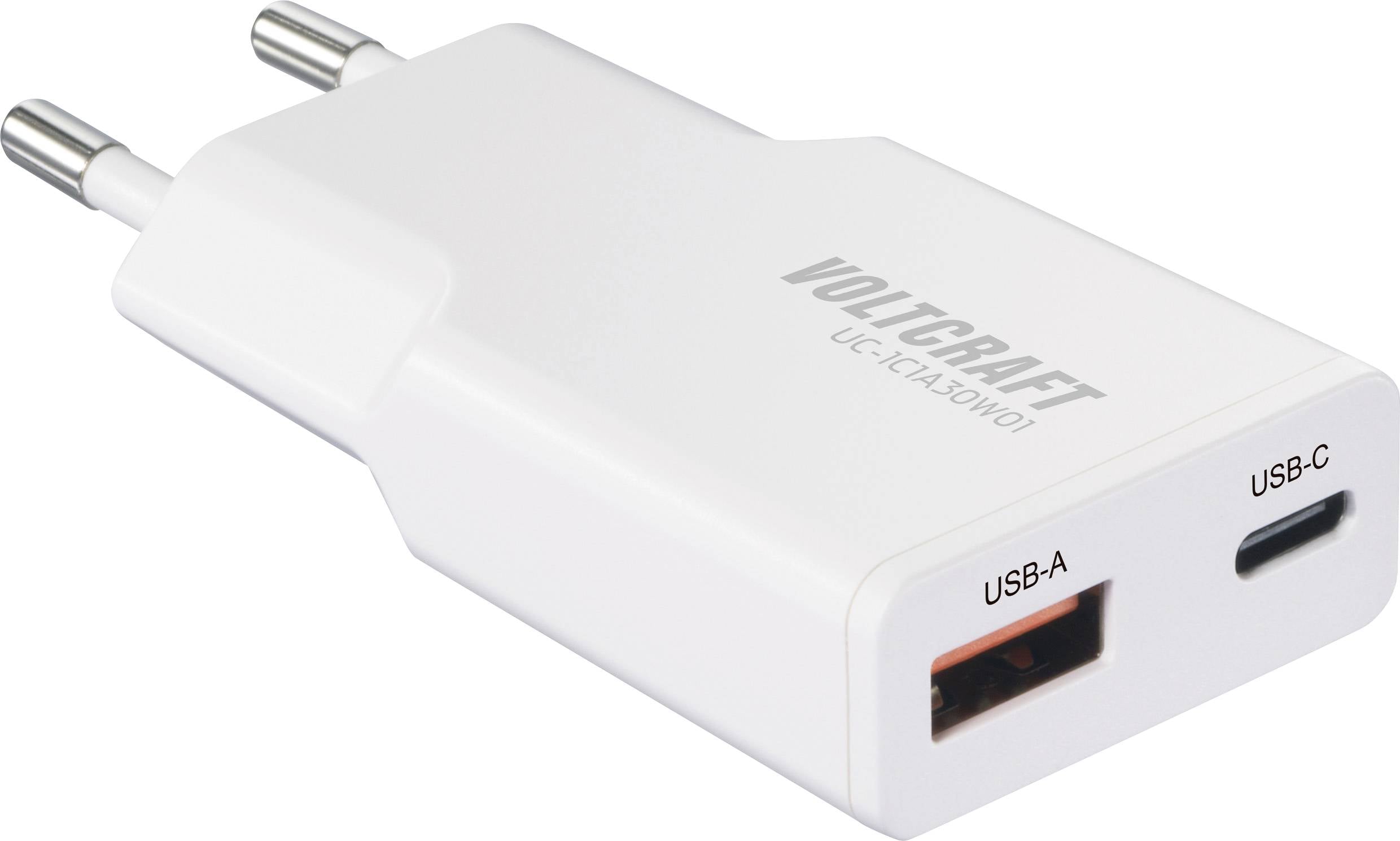 VOLTCRAFT UC-1C1A30W01 Зарядний пристрій USB 30 Вт 1x USB-A, 1x USB-C® Fast Charge, Power Delivery 3.0 white GaN