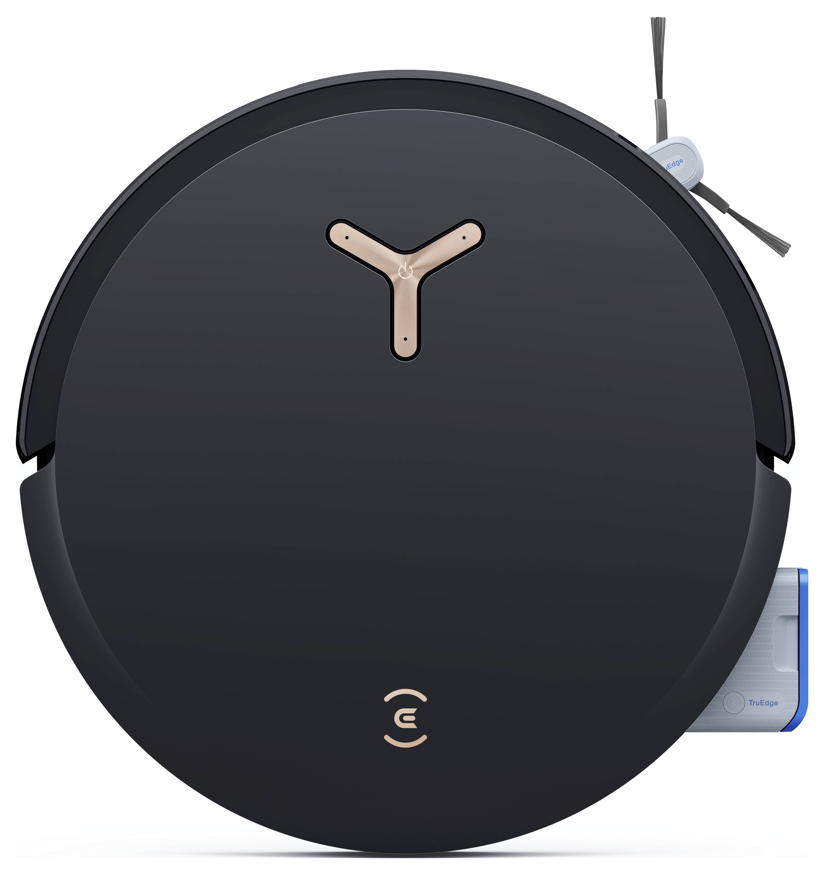 Czarny, okrągły robot sprzątający z szczotkami bocznymi, symbolem WiFi i elektryczną szczotką. Elegancki design, wydajny w czyszczeniu podłóg.