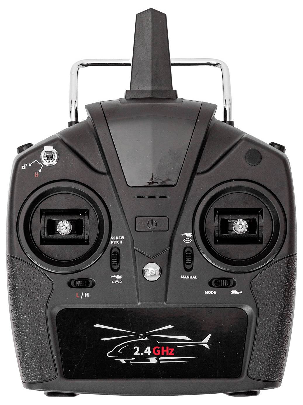 Czarna pilot do modeli helikopterów. Dwa joysticki, przełącznik włączania/wyłączania. Napis '2.4 GHz' oraz ikona helikoptera na przedniej stronie.