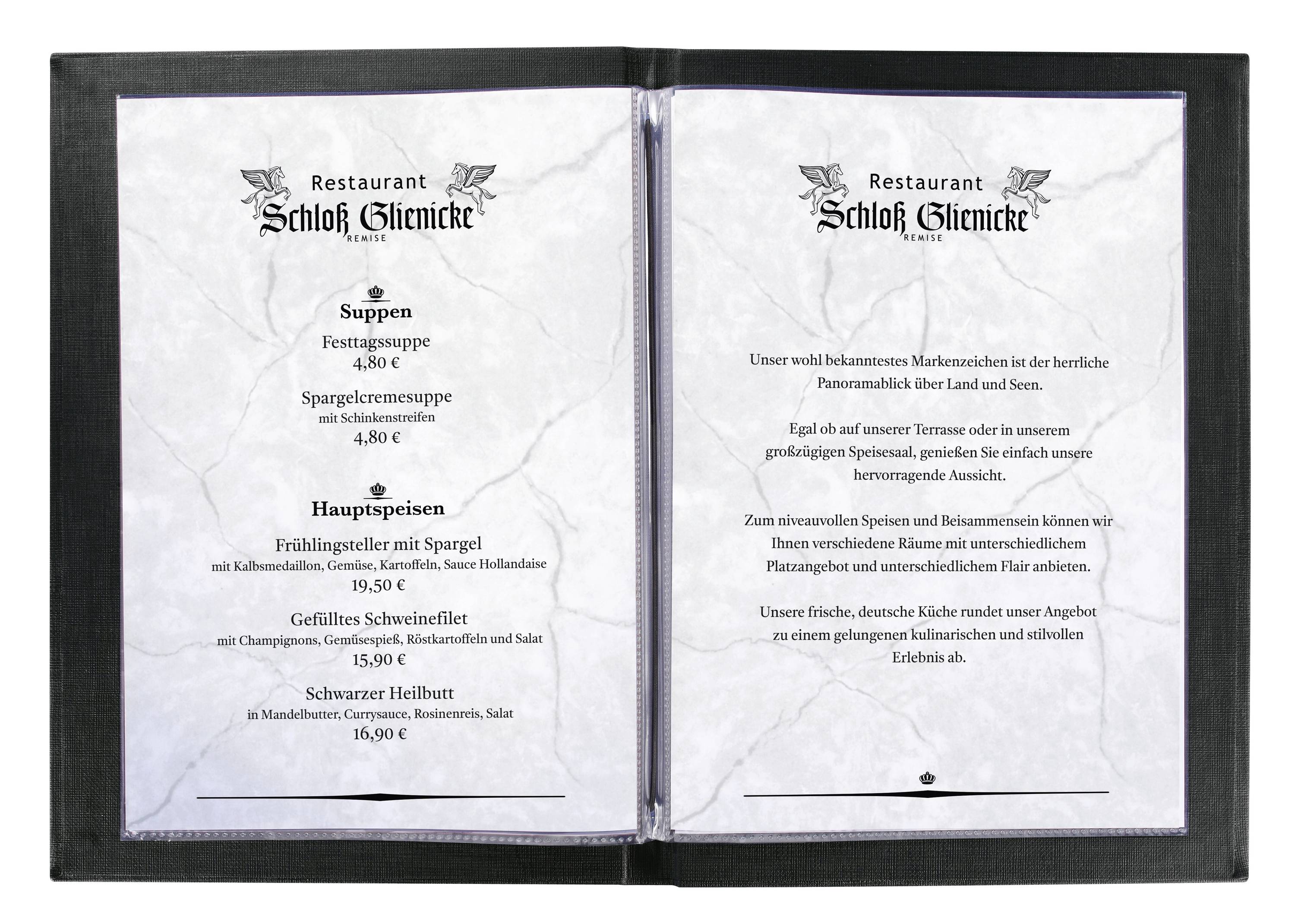 Menu restauracji Zamek Glienicke z zupami, daniami głównymi takimi jak filet z płastugi i halibut, z podanymi cenami w euro.