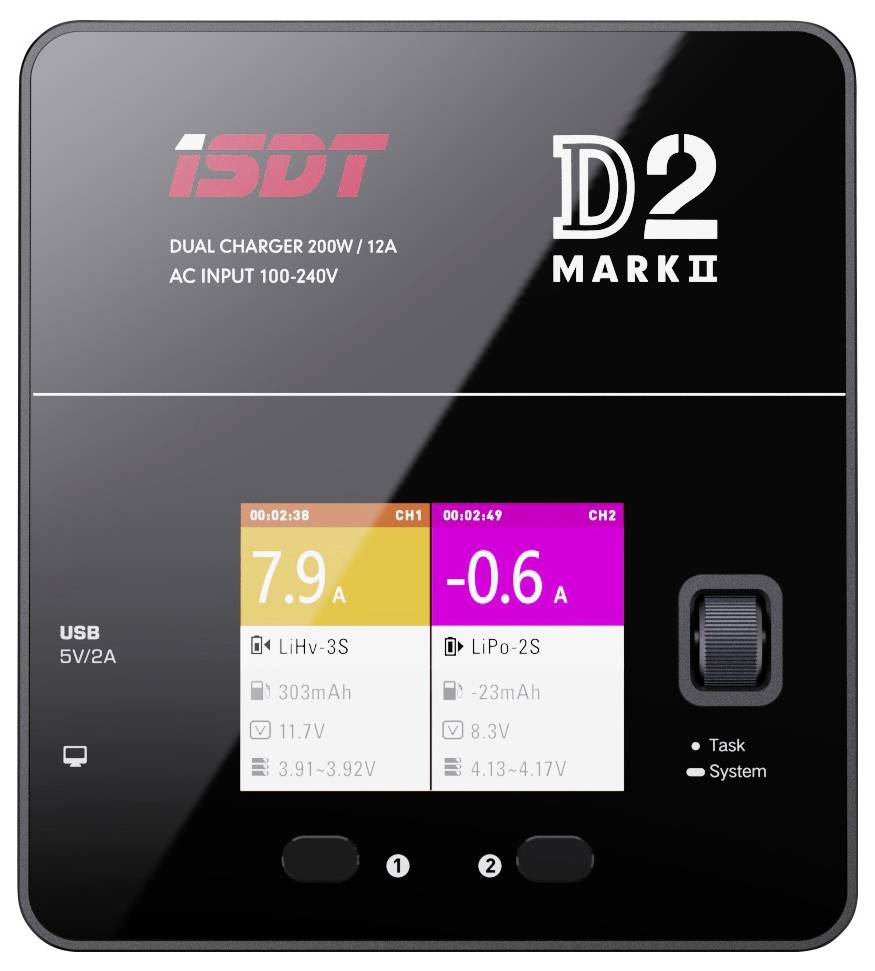 Зарядний пристрій ISDT D-2 MARK2 12 A для LiPo, LiIon, LiFePO, LiHV, NiMH, NiCd, свинцево-кислотних акумуляторів