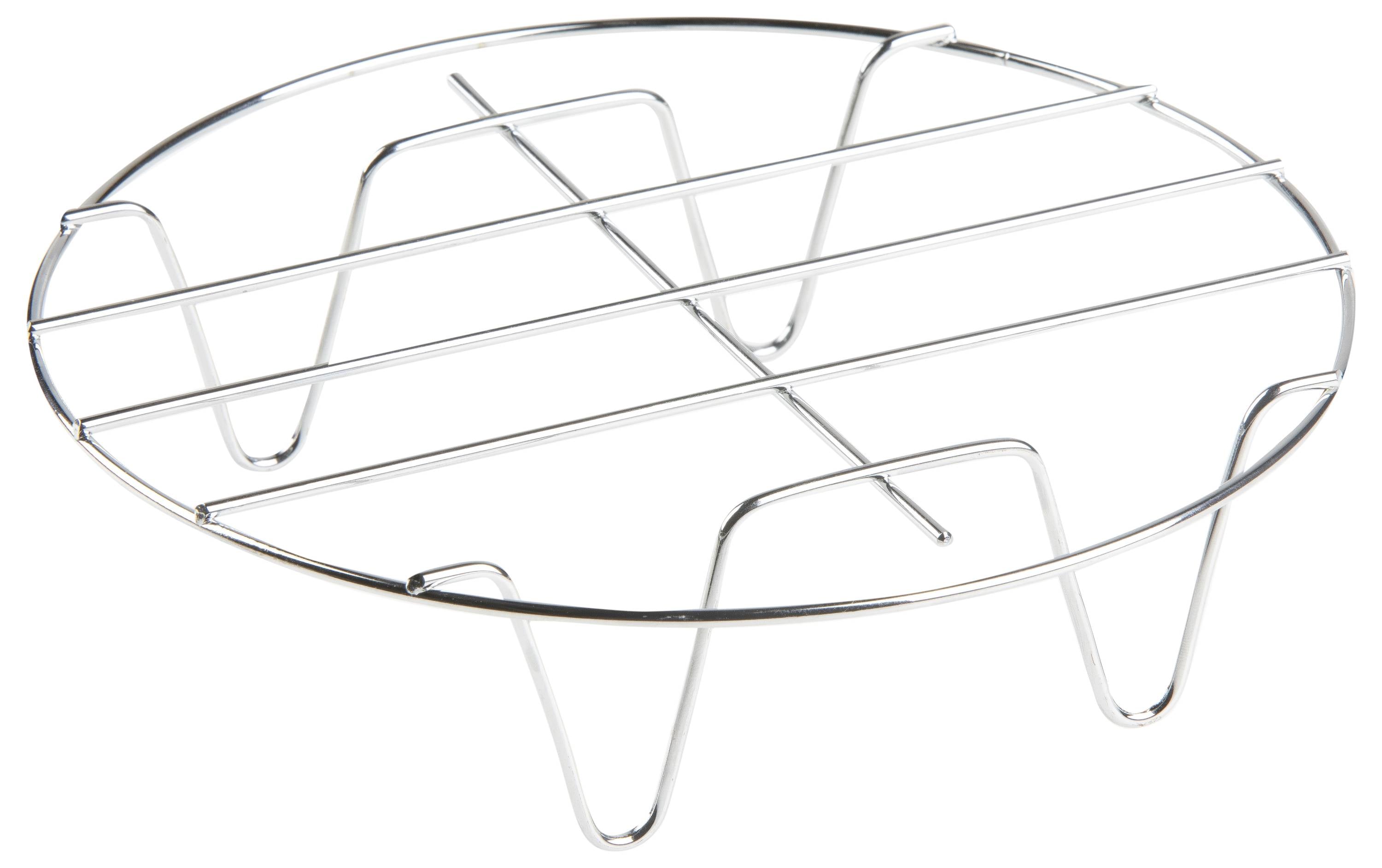 Srebrna, okrągła metalowa rama ze czterema nogami podporowymi i kilkoma poprzeczkami, prawdopodobnie jako ruszt odkładczy lub podstawka pod garnki.