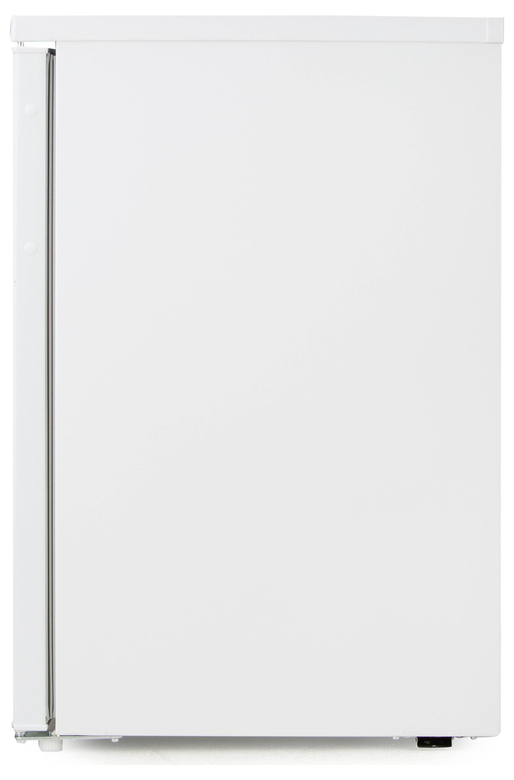 Biały, zamknięty lodówka w neutralnym pomieszczeniu. Przód urządzenia nie posiada widocznych elementów oznakowania lub designu.