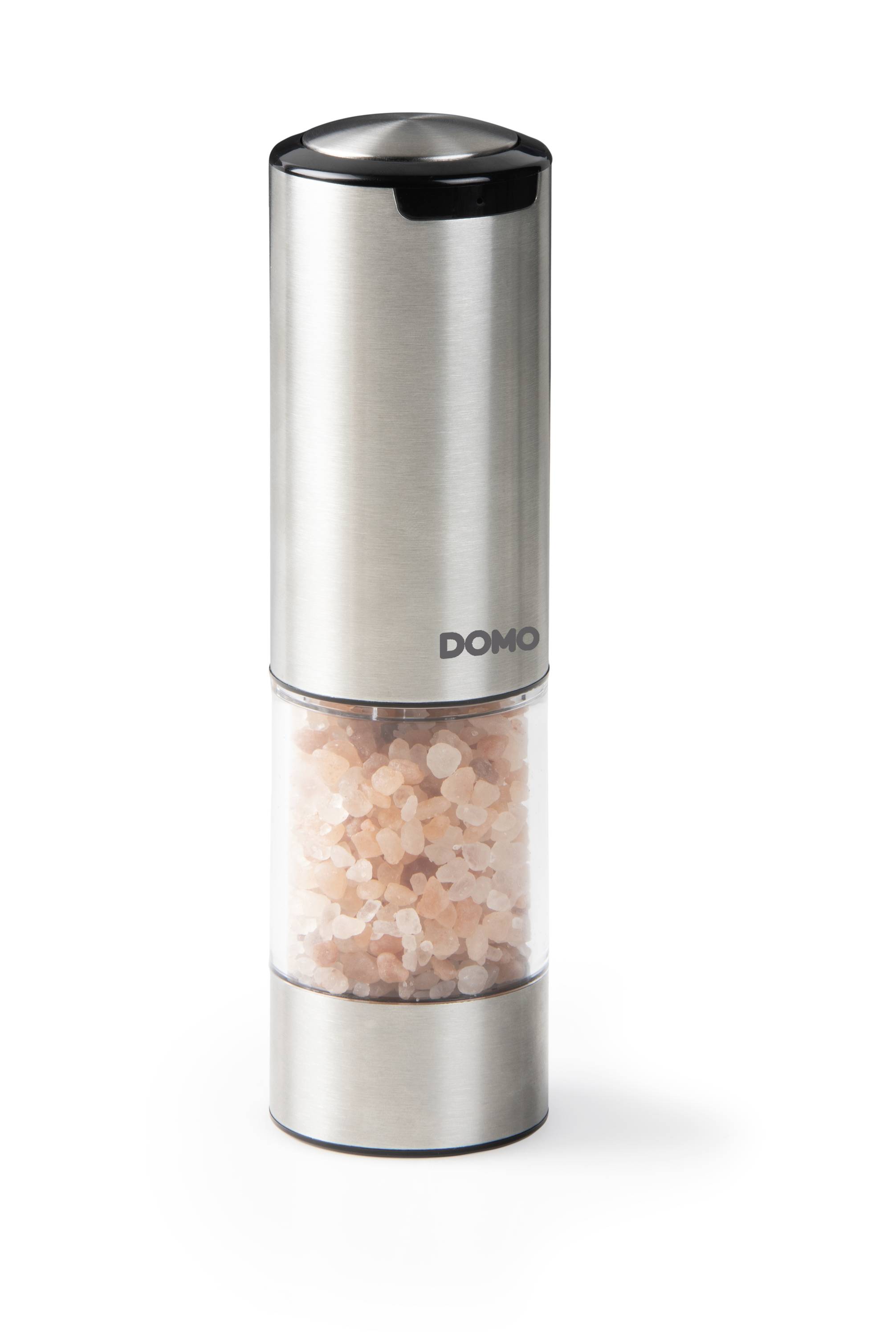 Elektryczny młynek do soli lub pieprzu ze stali nierdzewnej z przezroczystą sekcją, wypełniony różową solą.
