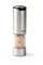Elektryczny młynek do soli lub pieprzu ze stali nierdzewnej z przezroczystą sekcją, wypełniony różową solą.