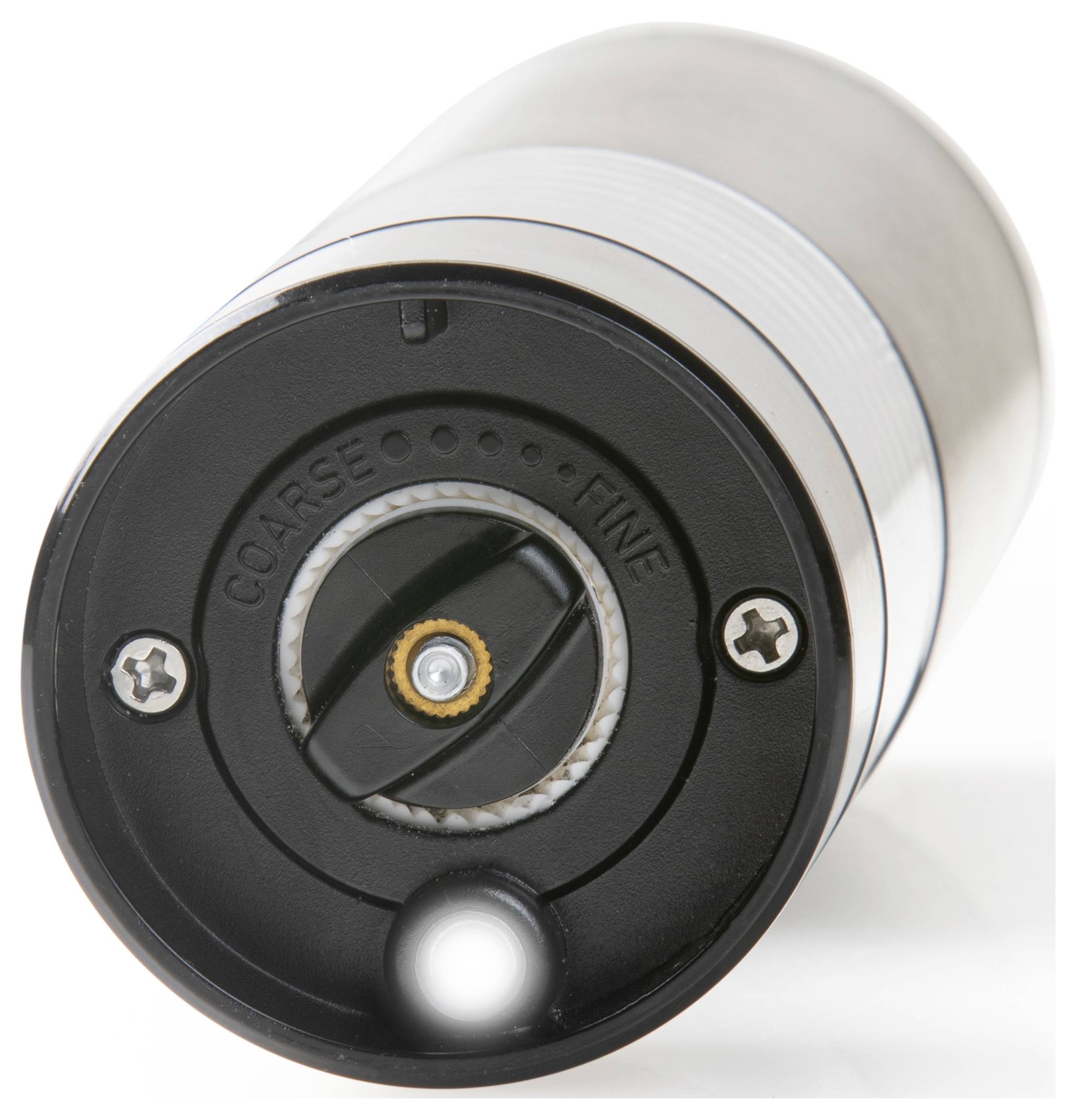 Zbliżenie metalowego urządzenia z dużym i małym pokrętłem regulacyjnym, widoczne są śruby oraz przezroczyste okienko do precyzyjnego ustawienia.