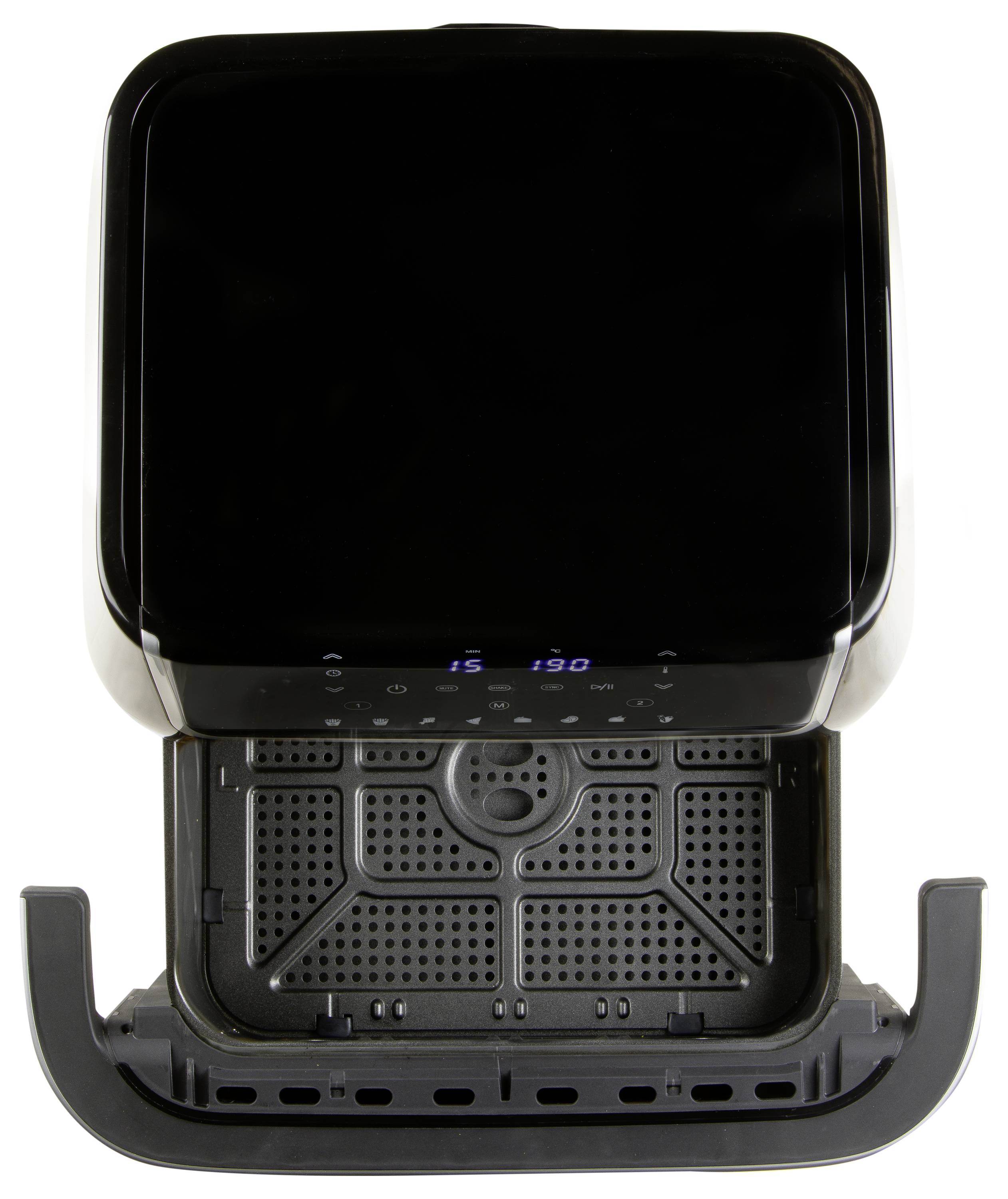 Otwarta czarna frytownica na gorące powietrze z wysuniętym koszyczkiem, prezentująca wnętrze. Widoczny jest wyświetlacz cyfrowy i panel sterowania.