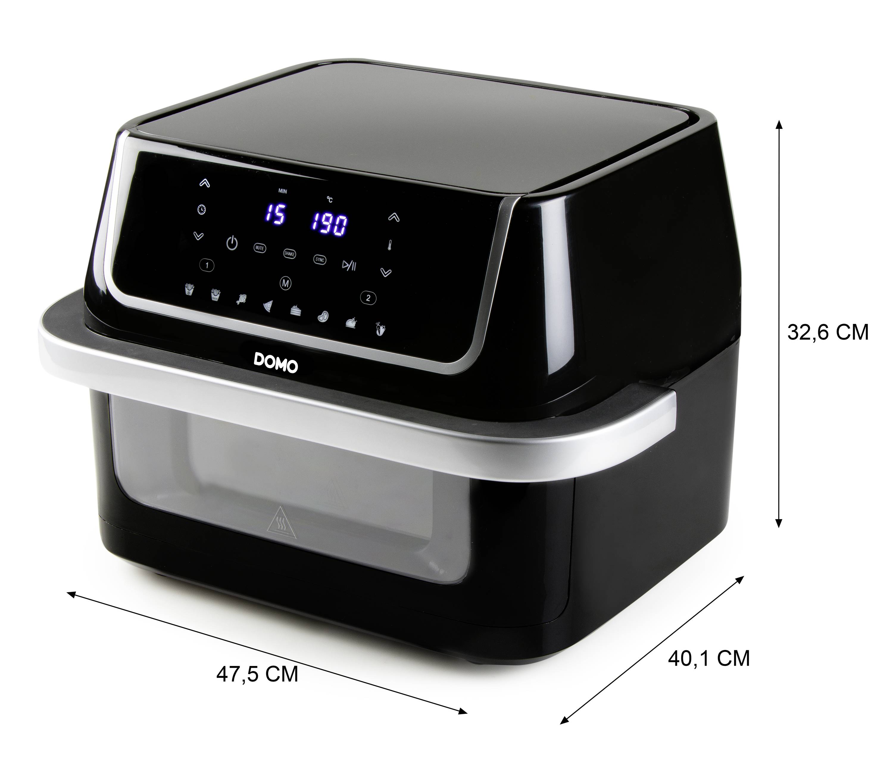 Czarny piekarnik na gorące powietrze z cyfrowym wyświetlaczem i przyciskami sterującymi. Wymiary: 32,6 cm wysokości, 47,5 cm szerokości, 40,1 cm głębokości.