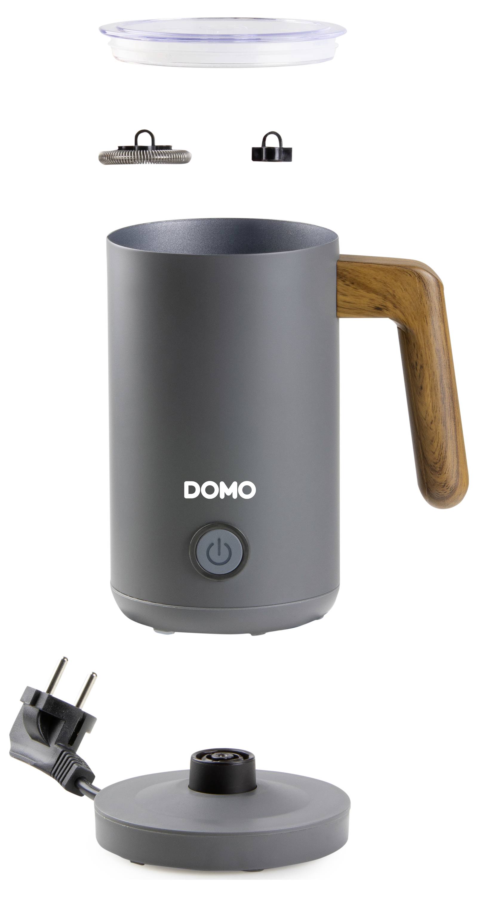 Elektryczny spieniacz do mleka w ciemnoszarym kolorze z drewnianym uchwytem i zdejmowaną podstawą. Wyposażony w pokrywkę oraz nasadki do mieszania i spieniania.