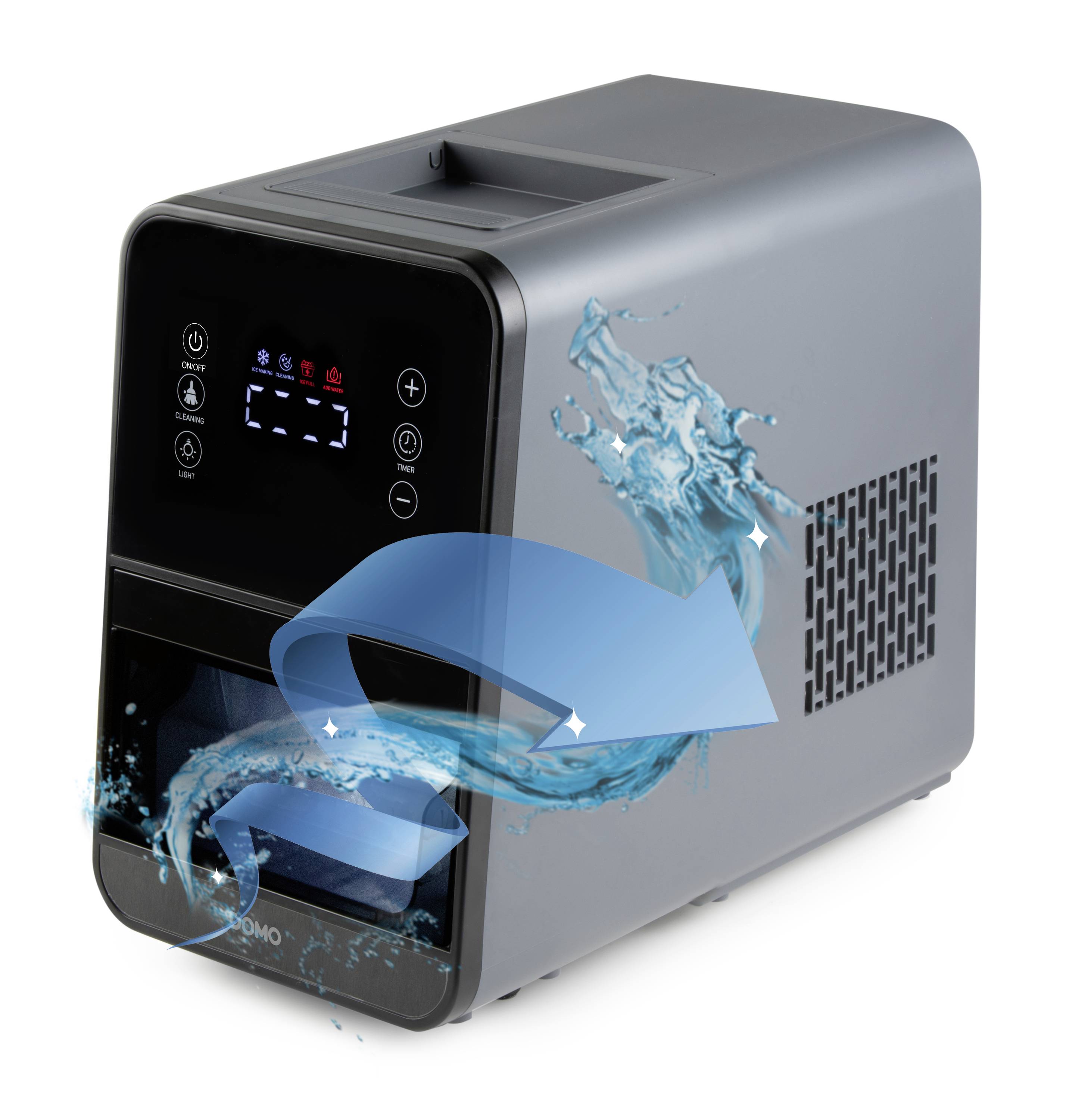 Szary klimatyzator z cyfrowym wyświetlaczem, przedstawiający animację przepływu wody, symbolizujący chłodzenie i cyrkulację powietrza.