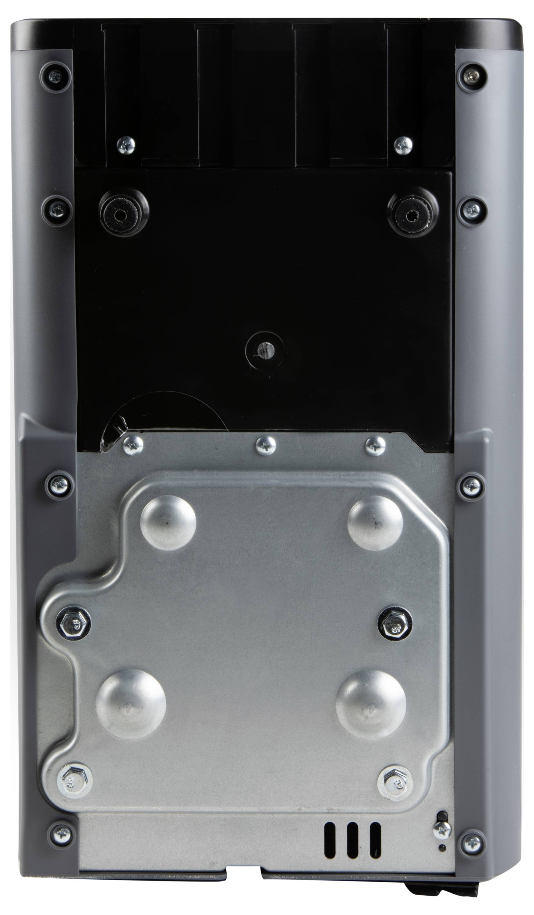 Metalowy tył urządzenia elektronicznego z kilkoma śrubami i dwoma otworami wentylacyjnymi u dołu.