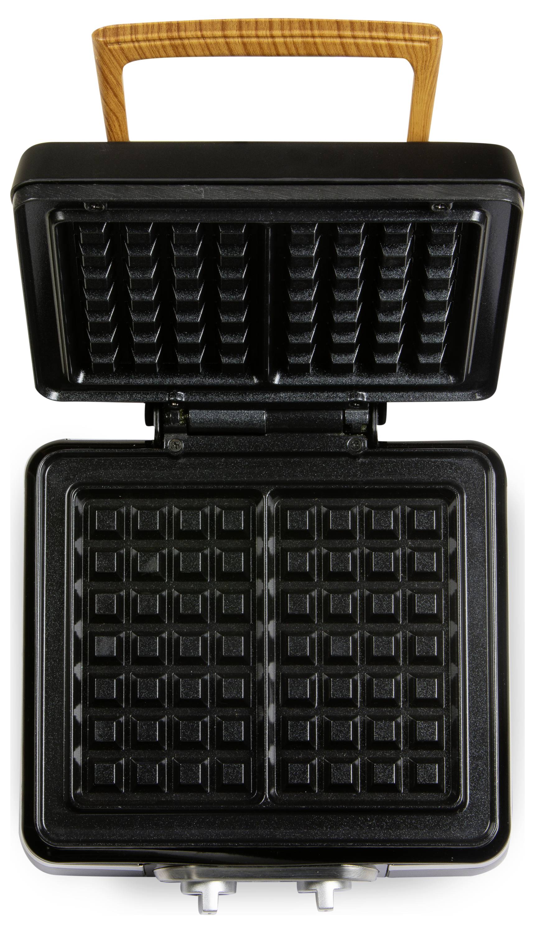 Żelazko do gofrów z otwartą pokrywą, prezentujące dwa prostokątne wzory gofrów, gotowe do wypieku.